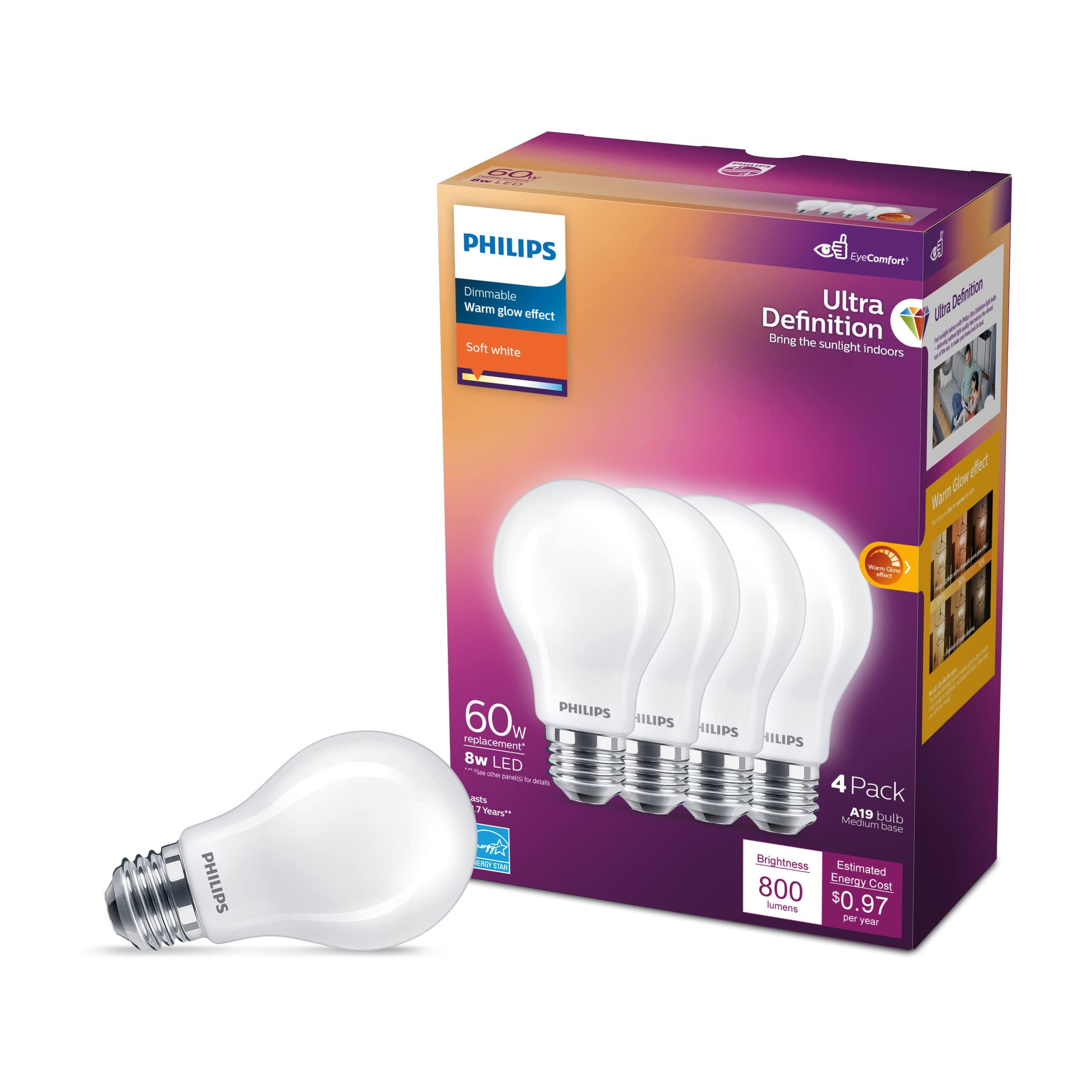 Philips Light Bulbs, LED, Soft White, Dimmable, Warm Glow Effect, A19, 5W, 4 Pack - 4 ea