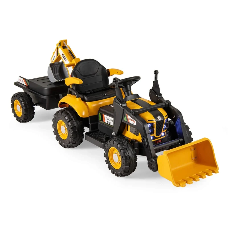 4-in-1 Kids Ride on Tractor, 12V Electric Excavator Bulldozer with Trailer, Digger & Remote Control, Backhoe Construction Vehicle Toy for Ages 3+
