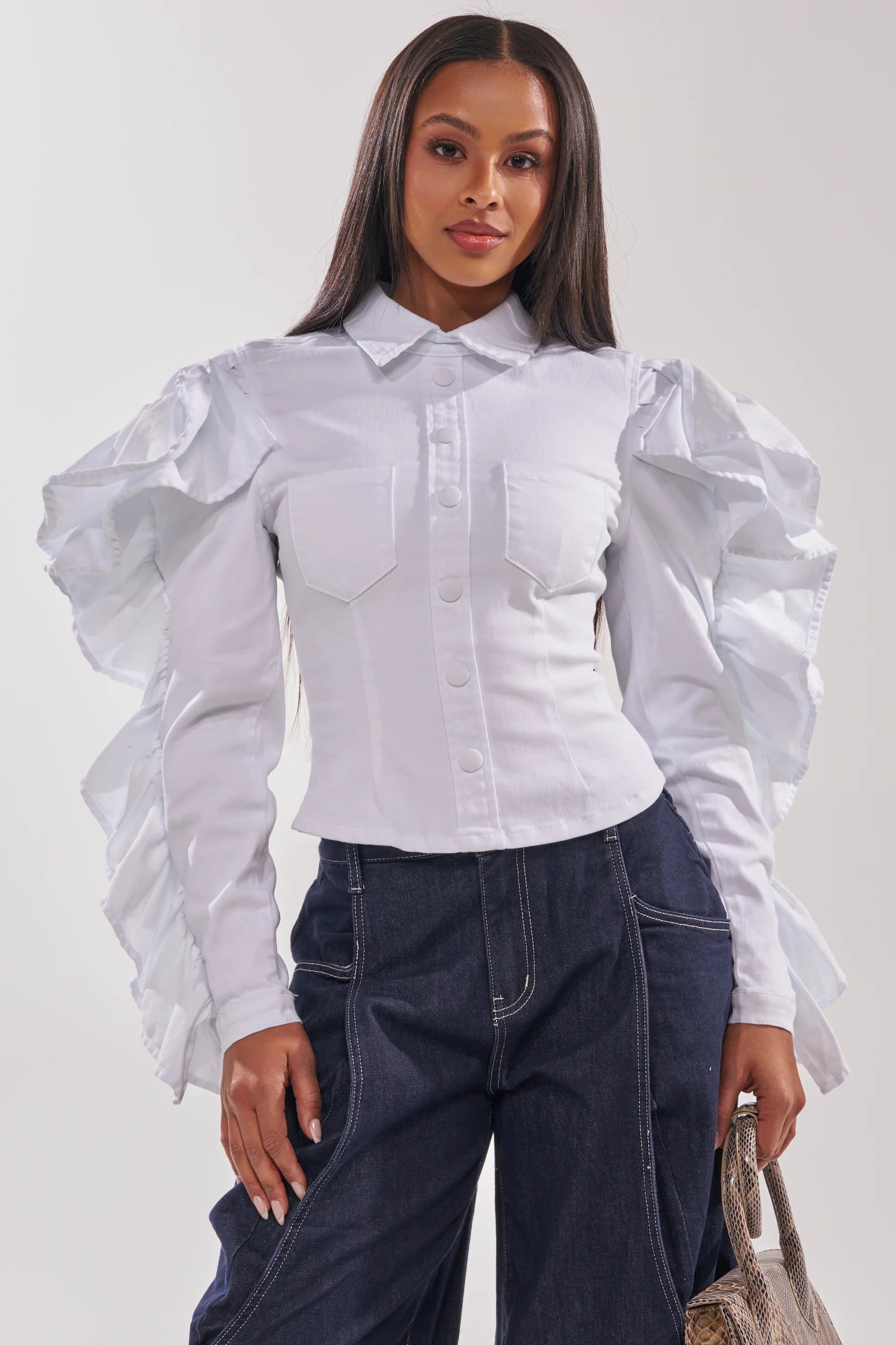 DREA RUFFLE SLEEVE BUTTON DOWN - Akira Store