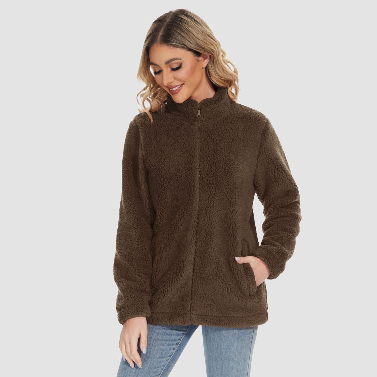 Veste Sherpa pour femme, fermeture éclair intégrale, polaire douce et moelleuse, manteau décontracté avec poches zippées, veste d'hiver chaude et douce