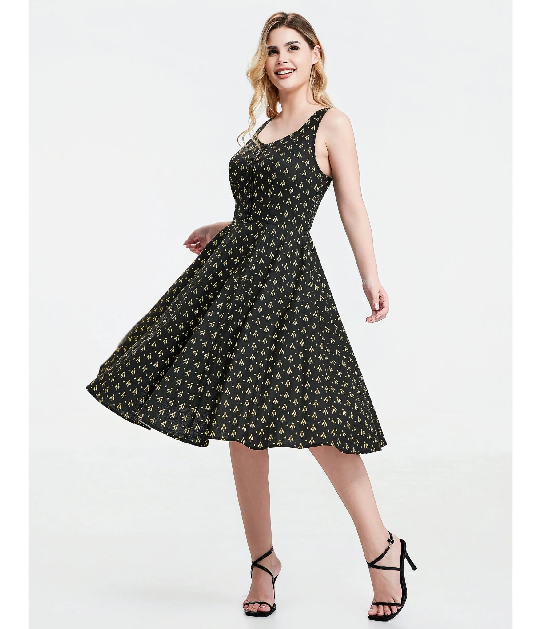 Black Atomic Bees Print Heidi Dress