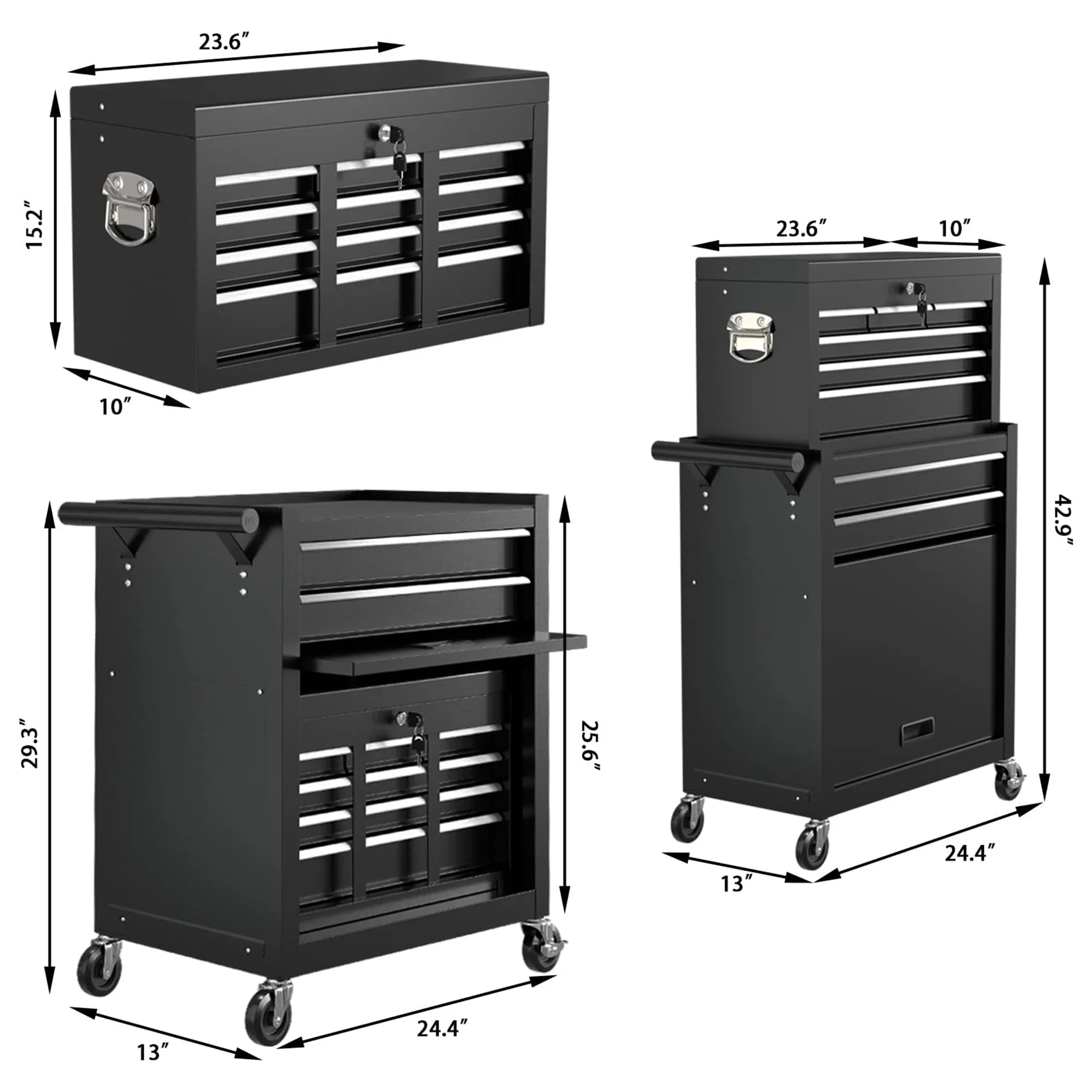 Aukfa Tool Box, 2 in 1 Steel Rolling Tool Chest & Cabinet on Wheels for Garage, 8-Drawers, Black