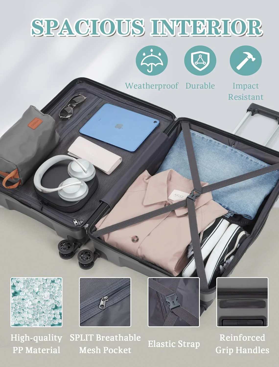 Ensemble de 5 valises à roulettes, valise rigide en ABS avec roulettes multidirectionnelles
