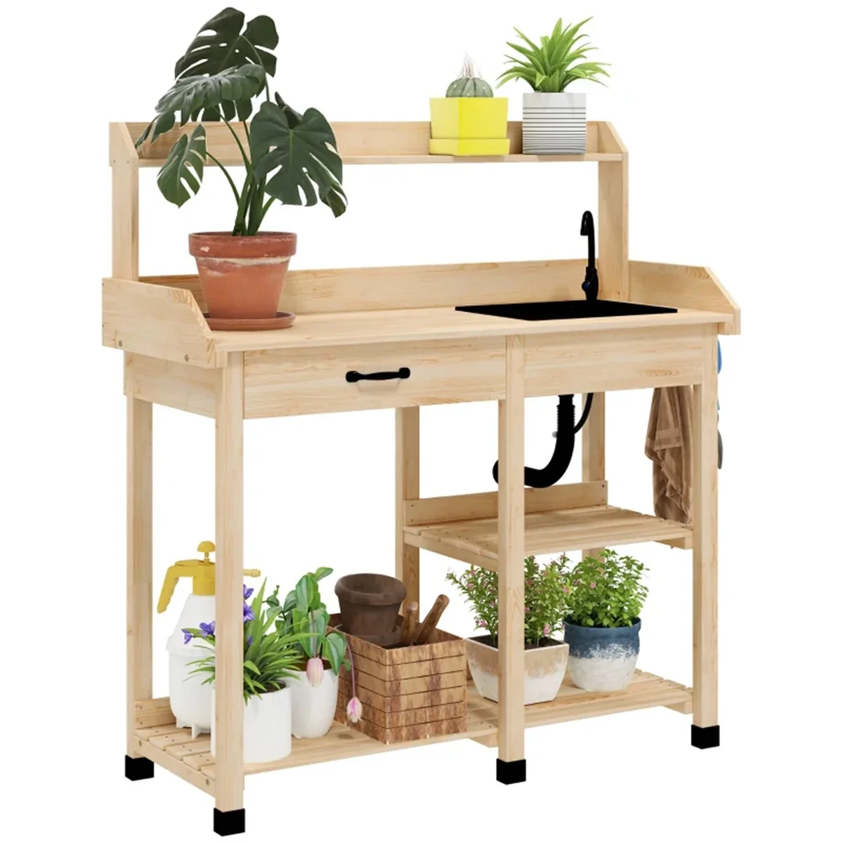 Natural Wood Potting Bench Table, Outdoor Garden Table with Removable Sink and Faucet
