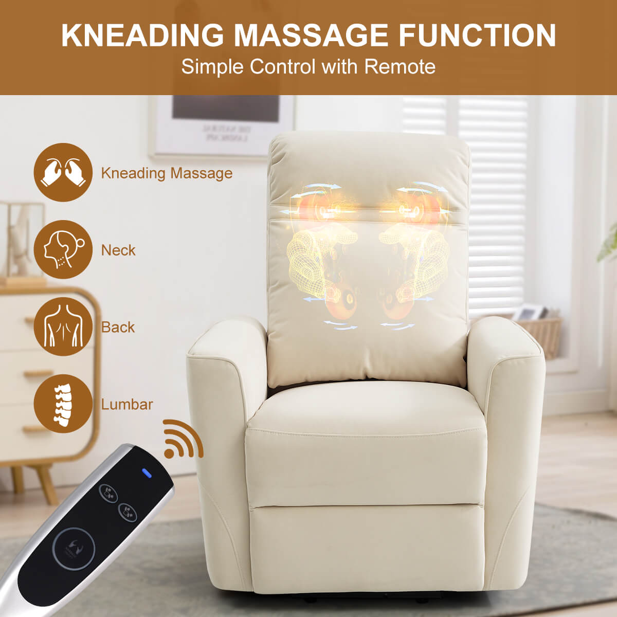 Fauteuil releveur électrique avec massage par pétrissage, en tissu