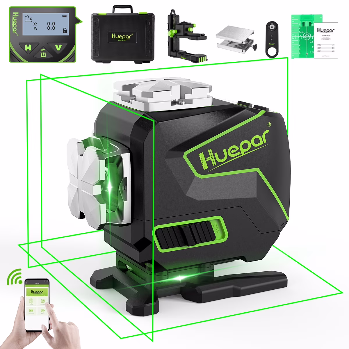 4D 16 Lines Self-Leveling Laser Level, 200Ft Green Beam 4 x 360° Cross Line Laser Level Tools with LCD Screen, Bluetooth and Magnetic Bracket