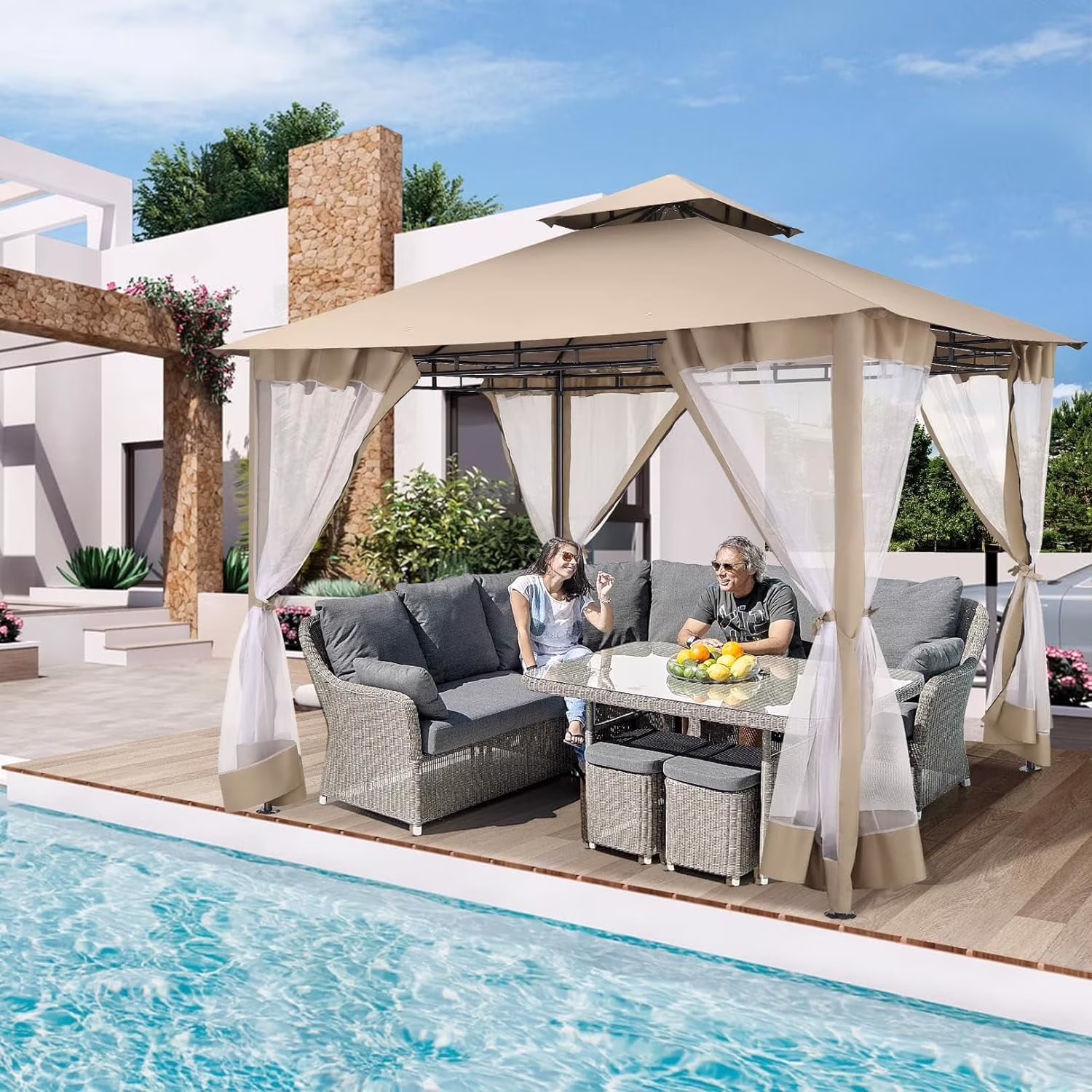 SANOPY 10'x10' Canopy Gazebo, Assembled Style Wrought Iron Gazebo Tent Can Accommodate 6-10 People with 4 Detachable Mosquito Net Side Walls for Garden, Yard, Beach