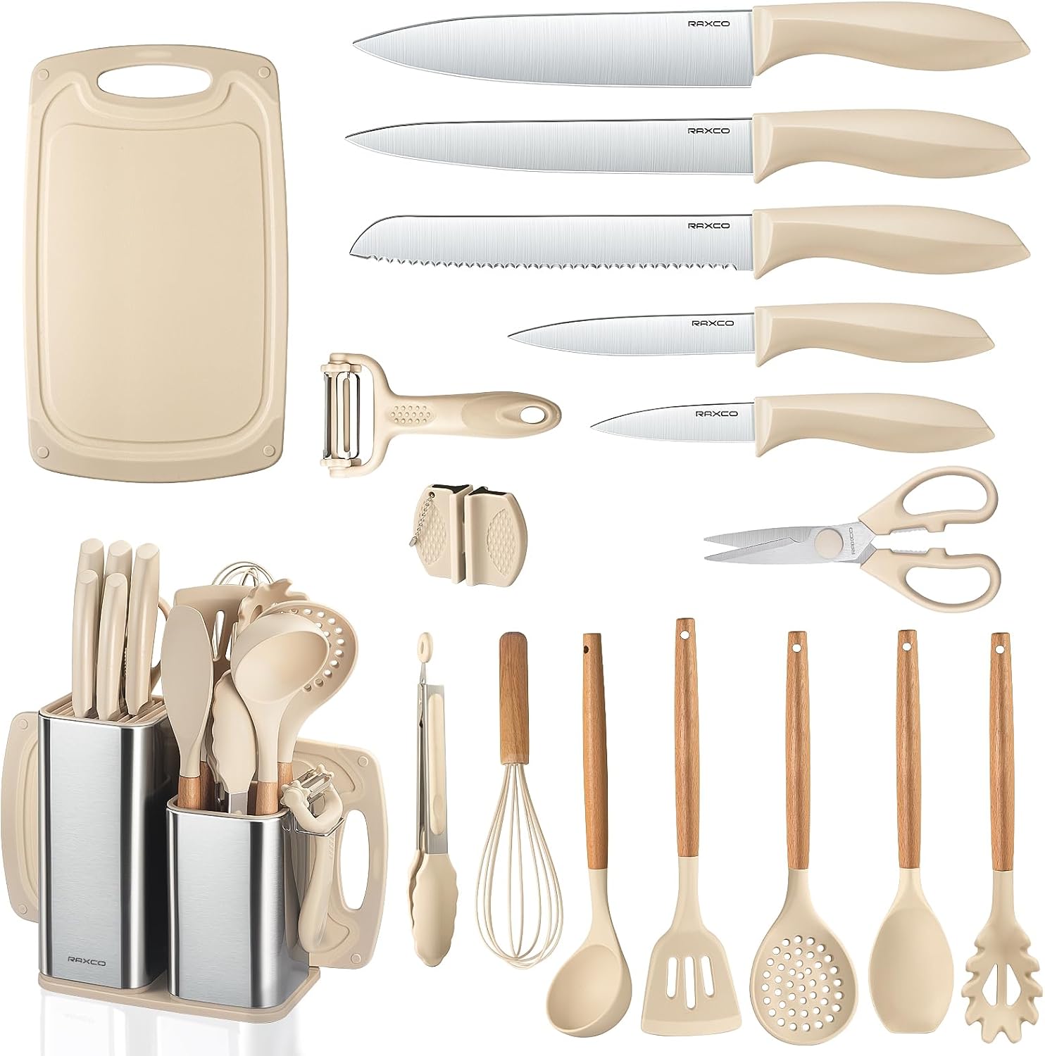 RAXCO Kitchen Utensils Set, 18-Piece Cooking Utensils and Knife Set, Black