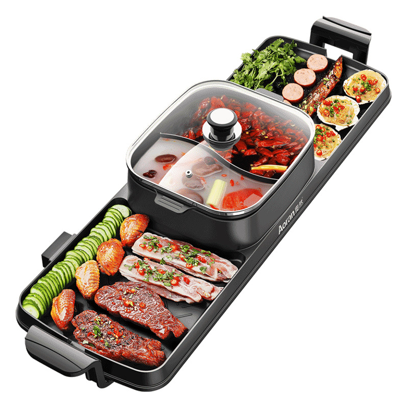 Electric 220V Top Table Smokeless Flat Pan PTFE Modern Hot Pot Double Indoor Black BBQ Grill Outdoor Car Household RV
