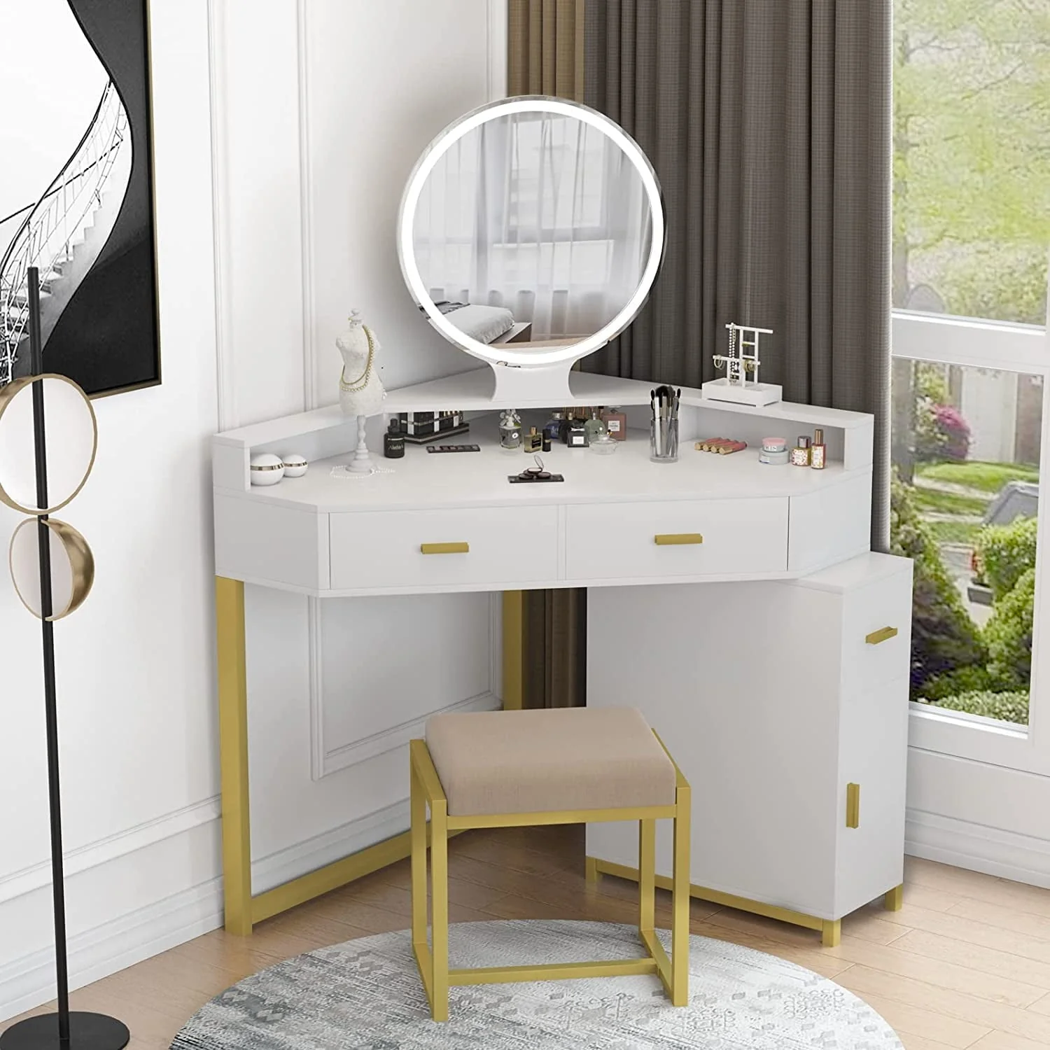 Corner Vanity Set with Lighted Mirror, Makeup Vanity Dressing Table with Drawers, Cabinet and Cushioned Stool, Girls Vanity Desk for Bathroom, Bedroom, White by TZUTOGETHER Image 7