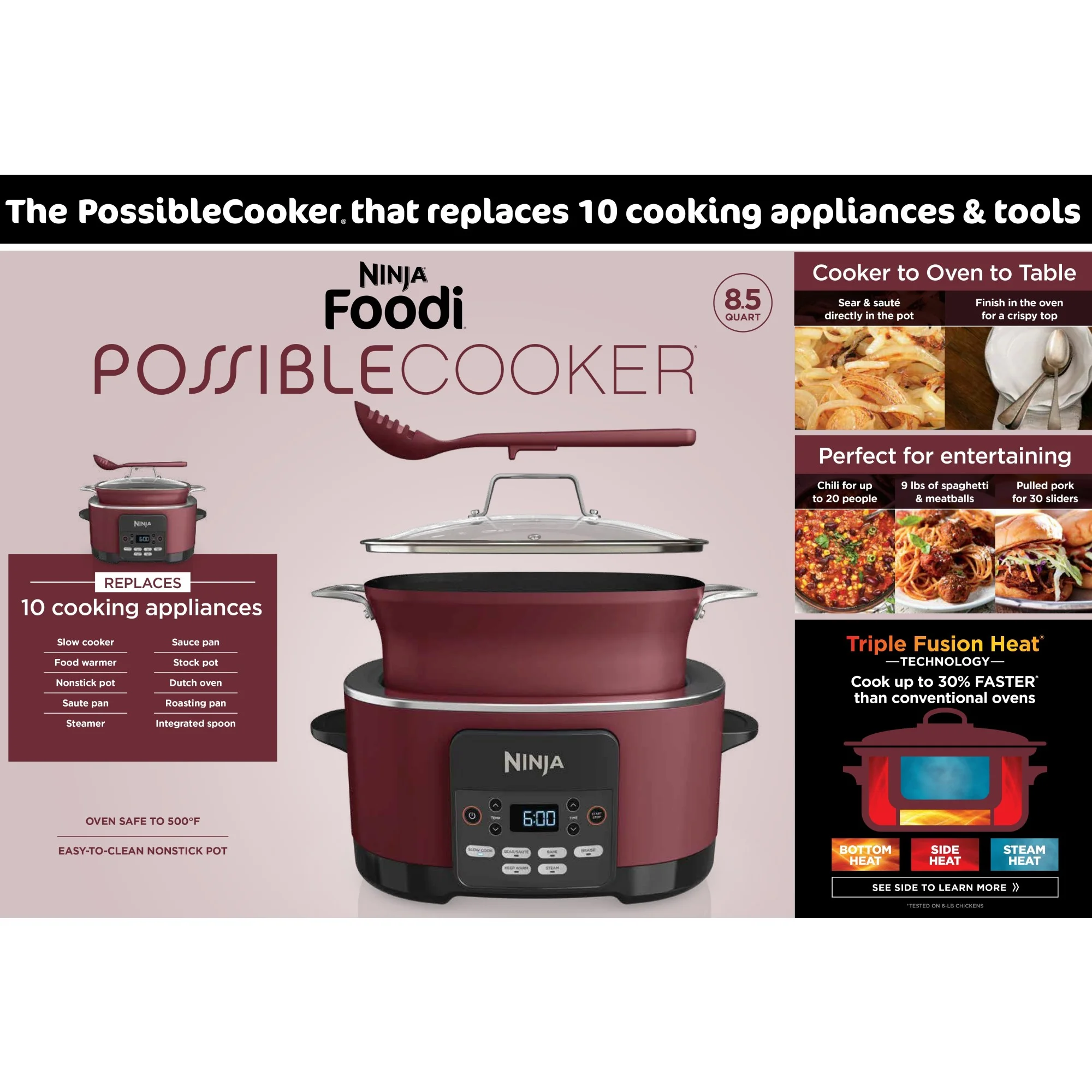 Ninja Foodi Possible Cooker, 8.5 Quart, 6 - in - 1 Multi - Cooker, Slow Cooker, Steamer, Glass Lid Integrated Cooking Utensil, Nonstick, Oven Safe Pot to 500°f, Cherry Tarte, MC1000WM