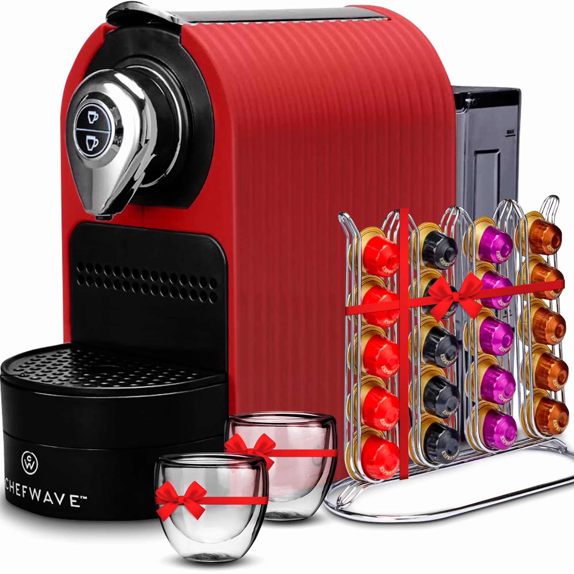 Espresso Machine for use with Nespresso Capsules (Red), Holder and Cups(Red)