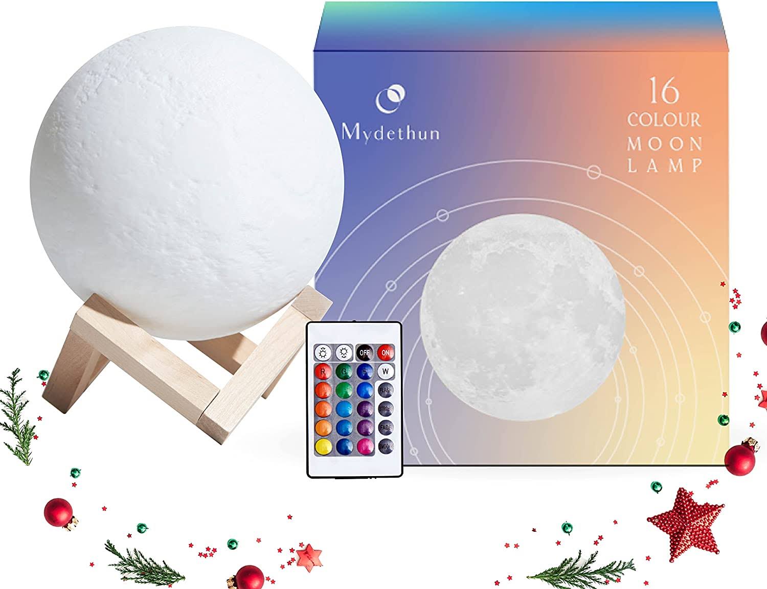 Mydethun 16 Colors LED 3D Moon Lamp with Wooden Stand, 7.1 Inches - Remote Control, USB Charging, LED Night Light Lamp for Kids, Girls, Bedroom, Home