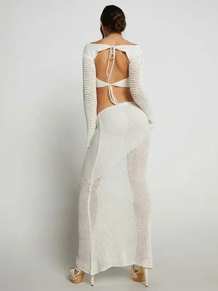 Ensemble jupe maxi 2 pièces en crochet pour femme avec haut à manches longues et découpe