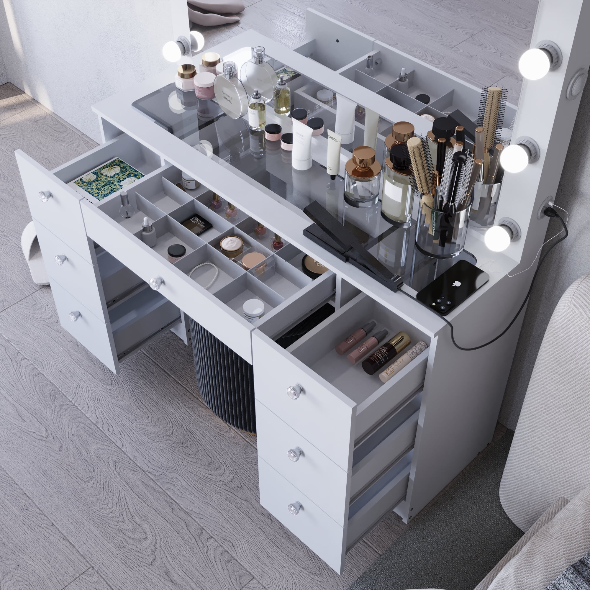 Ibbie White Makeup Vanity with Glass Top, Lights, Charging Station(White) - Image 8