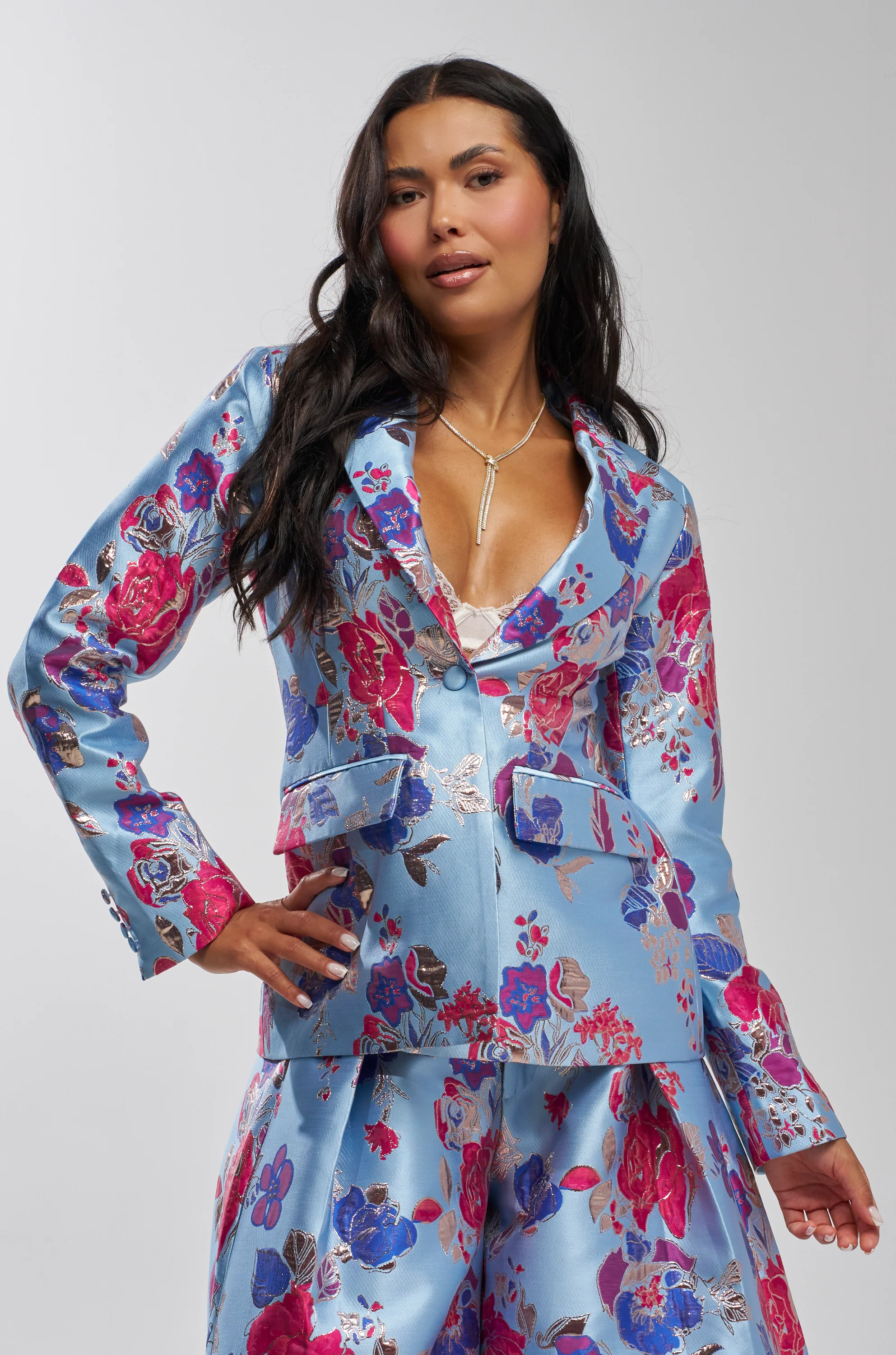 BUY MYSELF FLOWERS BROCADE BLAZER IN BLUE - Akira Store