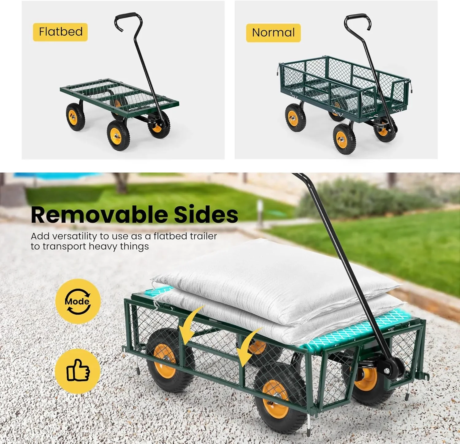 SPECSTAR Mesh Steel Garden Cart with Removable Sides, 34��18 with 8 inch Wheels, 550 Lbs Capacity (Green)