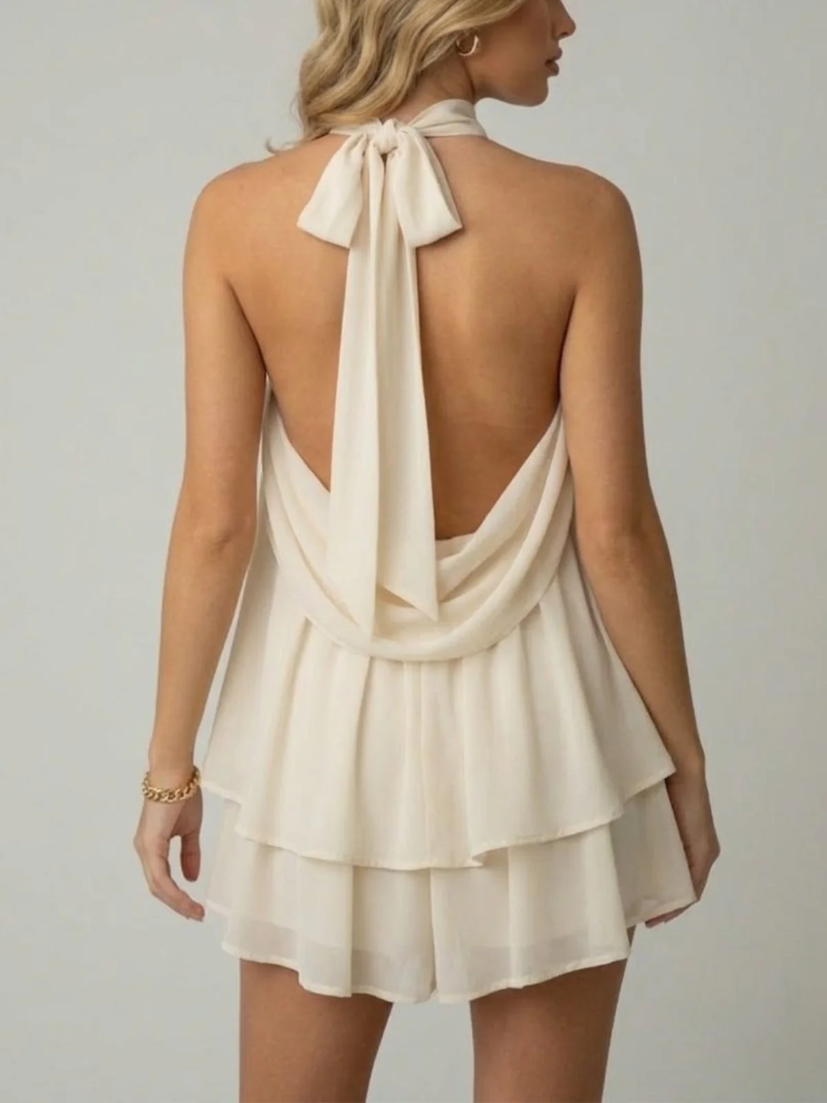 Robe mini sans manches à col licou pour femme avec ourlet à double volant