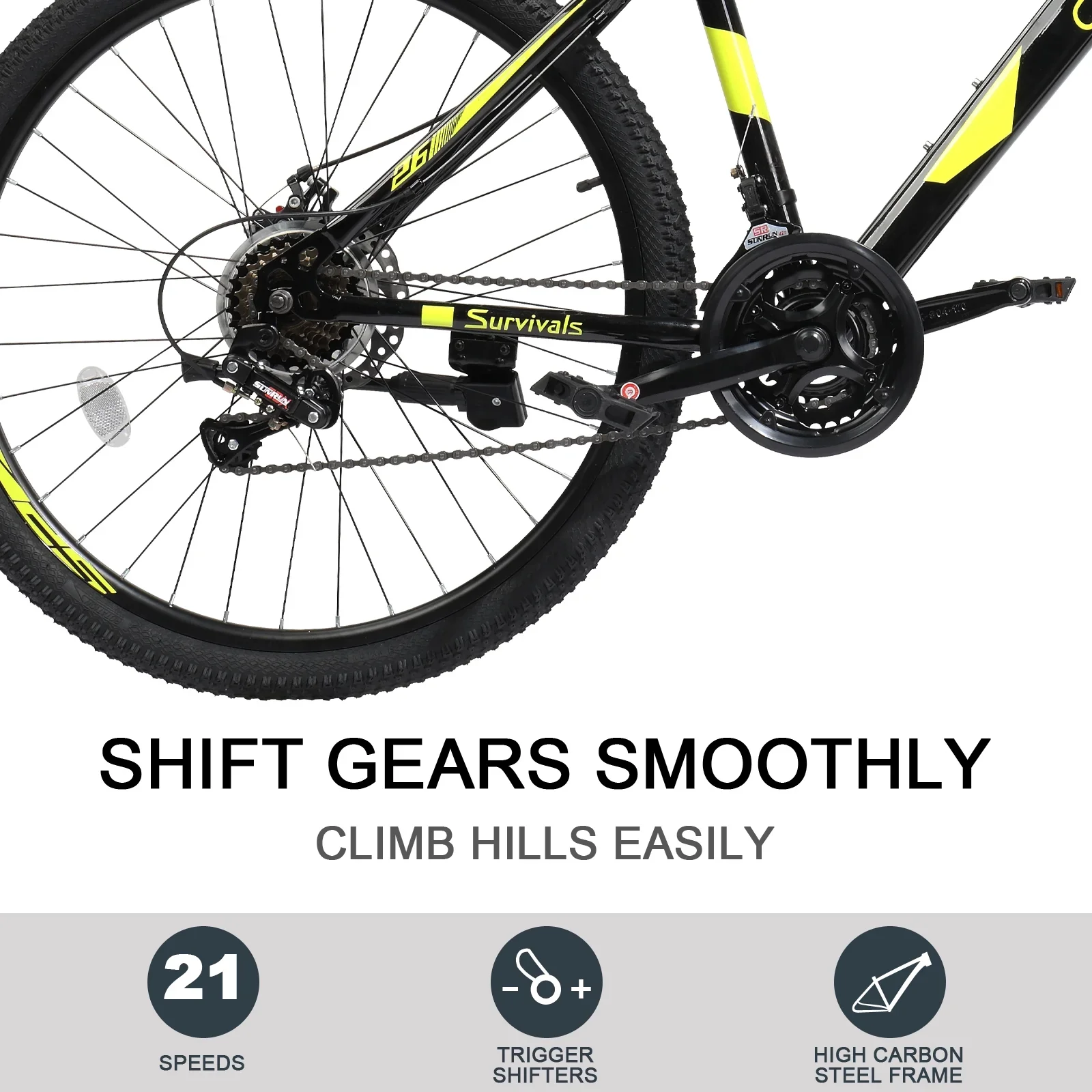 Campingsurvivals 26in 21-Speed Mountain Bike, High Carbon Steel Frame Adult Bikes,Black Yellow