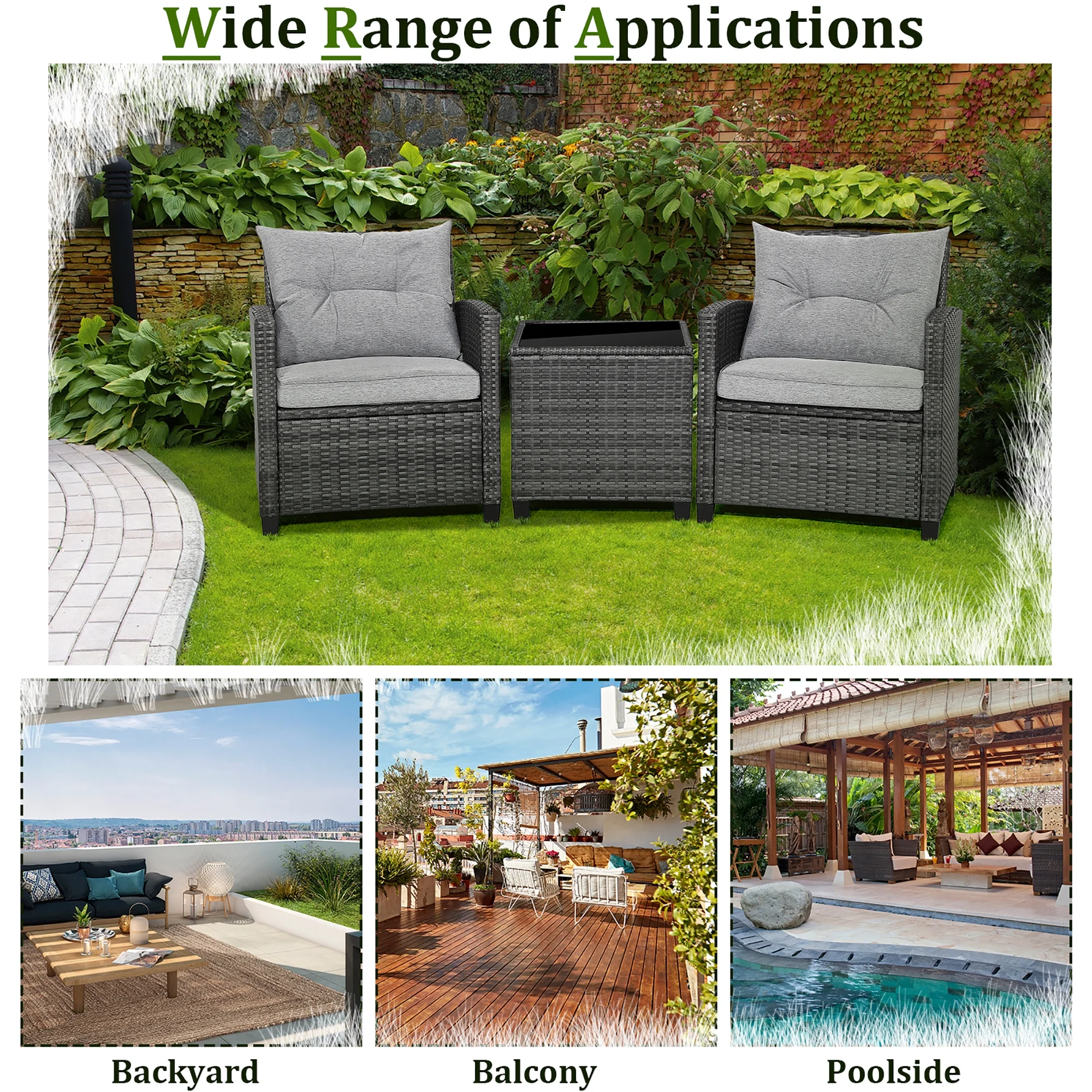 3PCS Patio Rattan Sofa Set Outdoor Wicker Conversation Set Glass Tabletop w/ Grey Cushion - Image 8