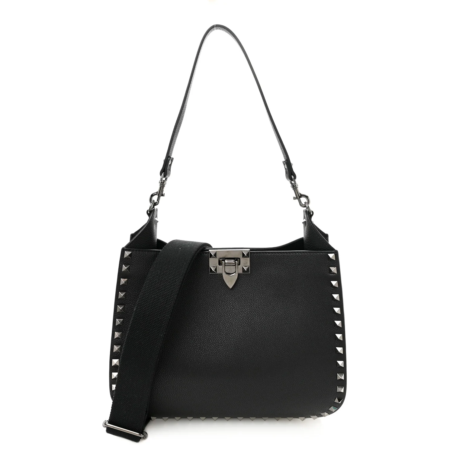Grained Calfskin Rockstud Hobo Shoulder Bag Black