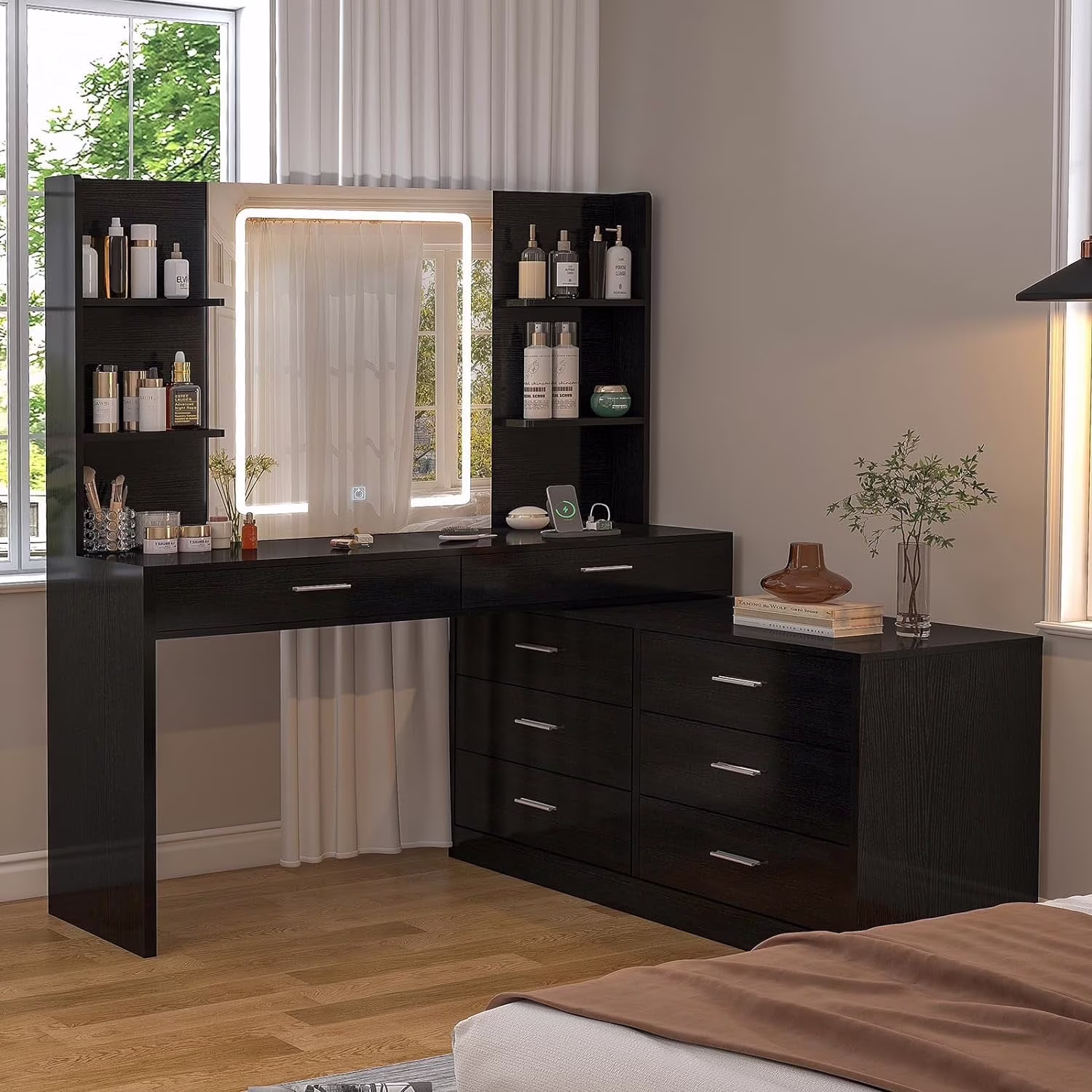 Vanity Makeup Desk with LED Light Mirror Power Outlet, 8 Drawers, 6 Storage Shelves, 3 Color Modes Adjustable Brightness Dressing Table, Corner Vanity, L Shape Change, 39.4��Desk, Black(Black)