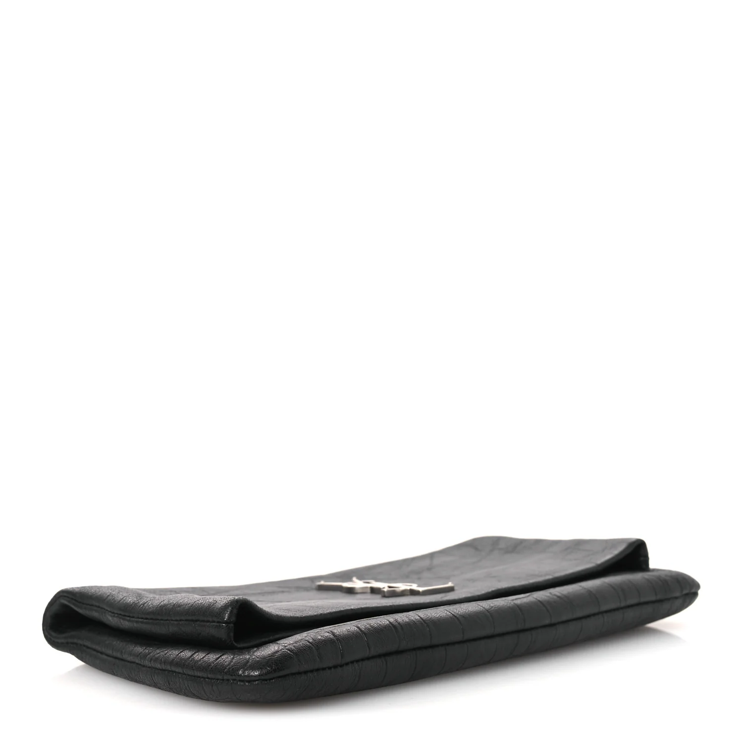 Calfskin Crocodile Embossed West Hollywood Monogram Fold Over Clutch Black