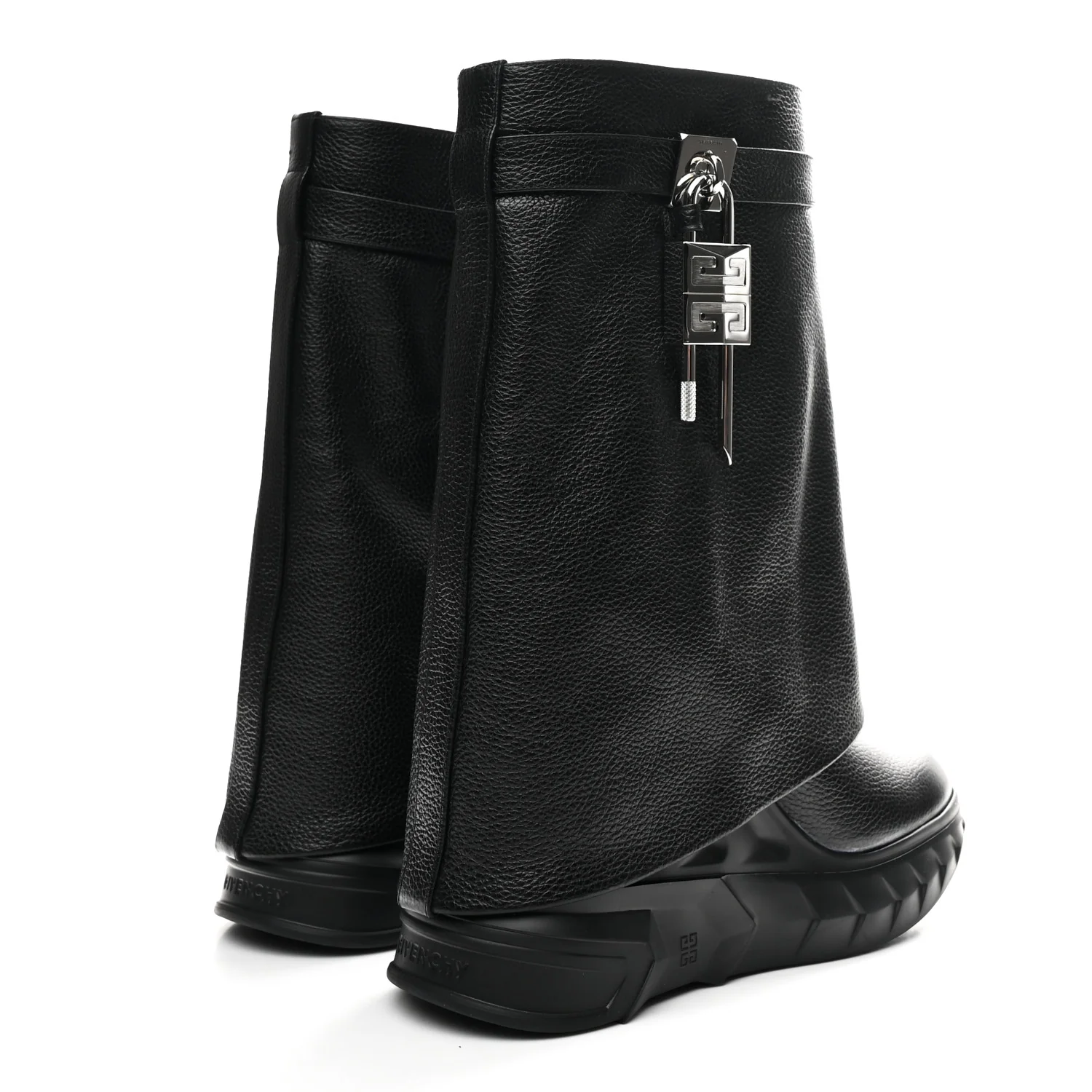 Grained Calfskin Shark Lock Biker Ankle Boots 38 Black