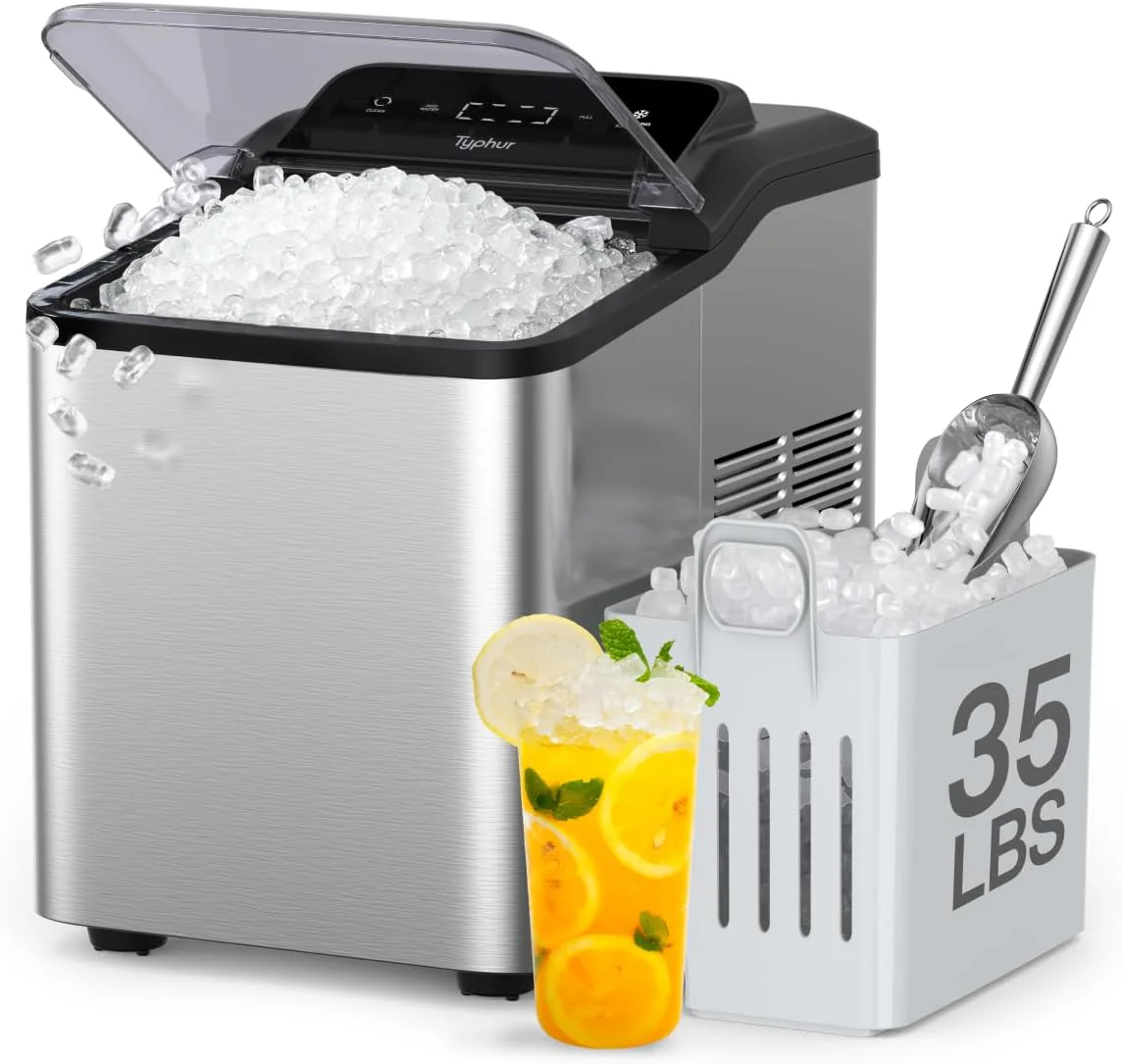 Machine à glaçons Typhur Fast Nugget de comptoir avec pompe autonettoyante, 16 kg/24 h, glaçons en granulés, 8 sachets de nettoyant, deux pelles à glaçons pour la maison, la cuisine, les fêtes, les camping-cars, acier inoxydable