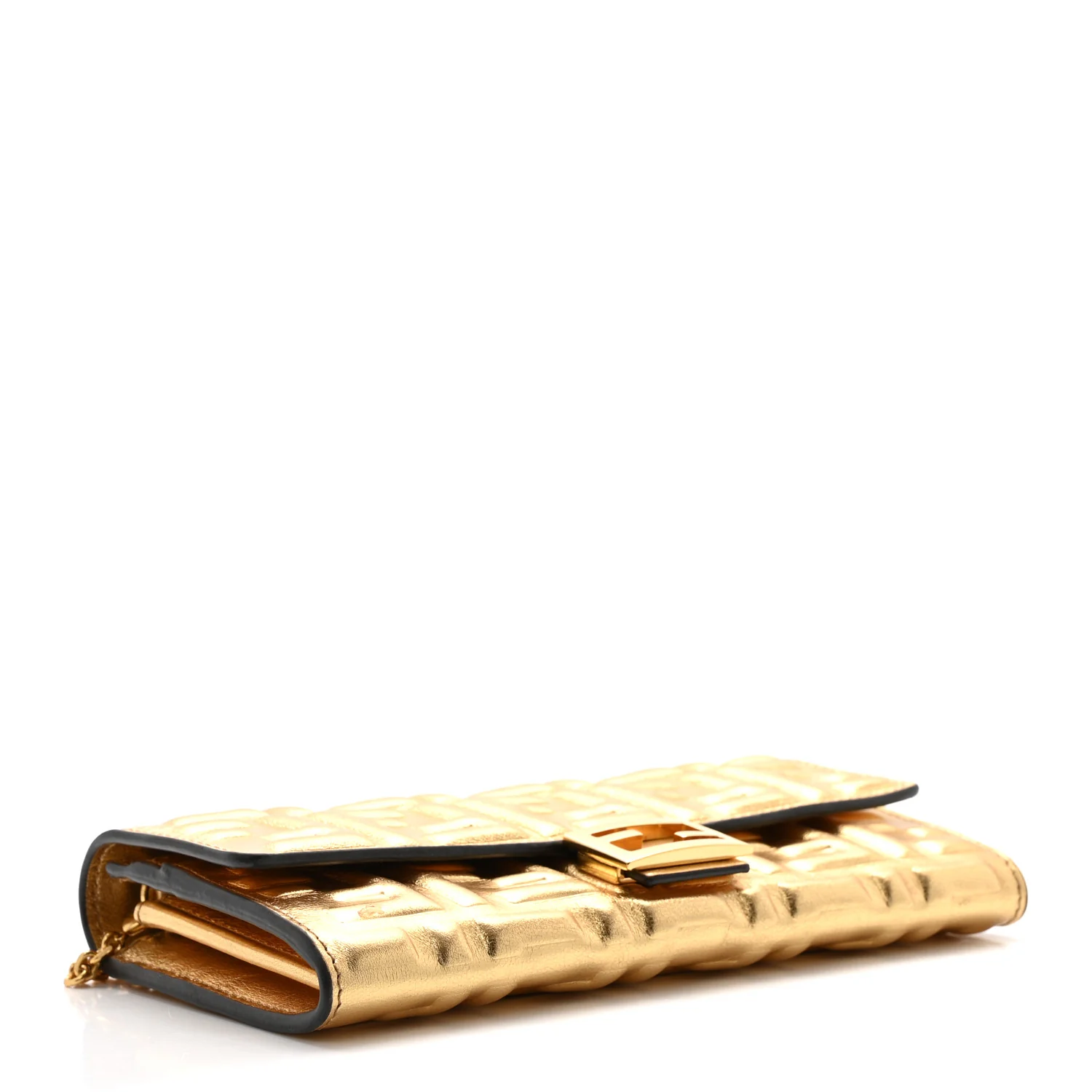 Vitello Catalan Mirror FF 1974 Embossed Continental Wallet on Chain Gold