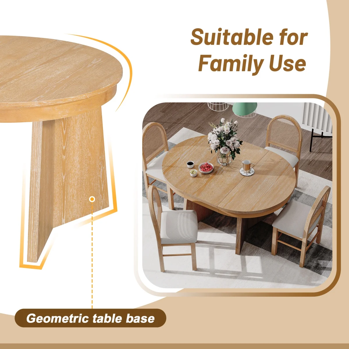 5-Piece Extendable Dining Table Set for 4 People, Solid Wood Kitchen Table Set with 4 Upholstered Chairs and Rattan Backrests for Dining Room and Kitchen, Natural(Natural) - Image 7