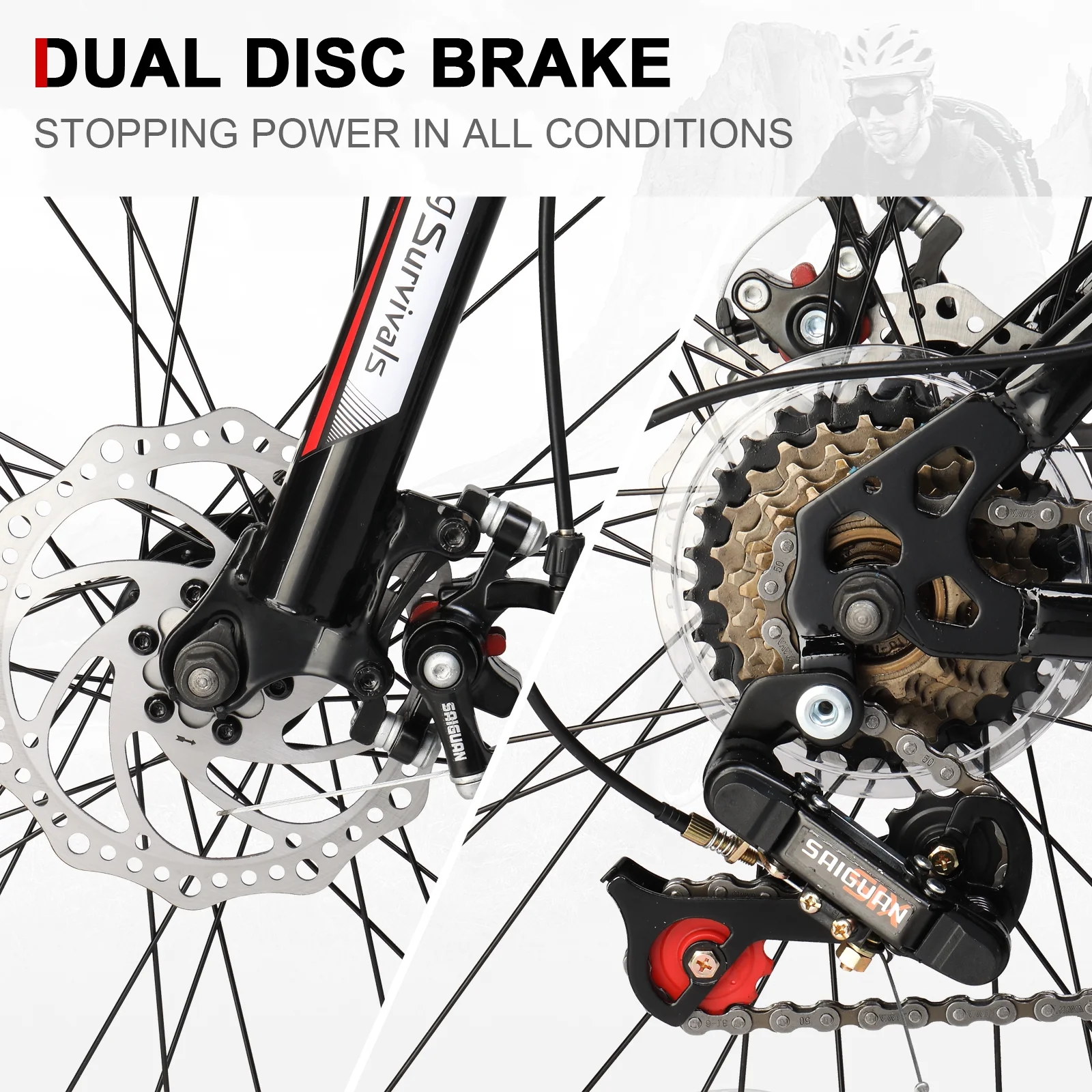 26" Lightweight Explorer Mountain Bike, 21-Speed for Men and Women Disc Brakes Suspension, Red/Black(RedBlack) - Image 9