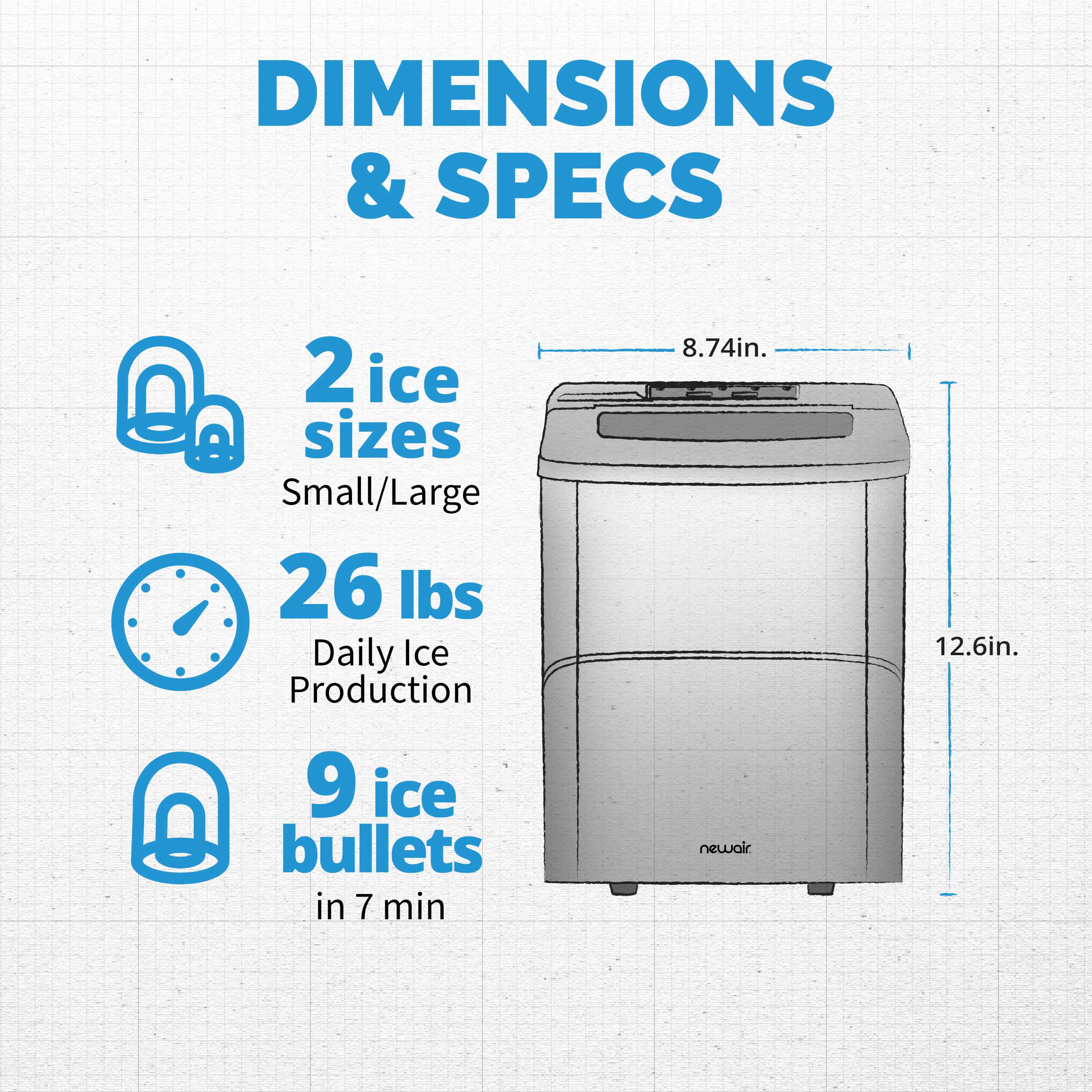 Newair Countertop Bullet Ice Maker in Matte Black or Metallic Silver, 26 lbs/Day