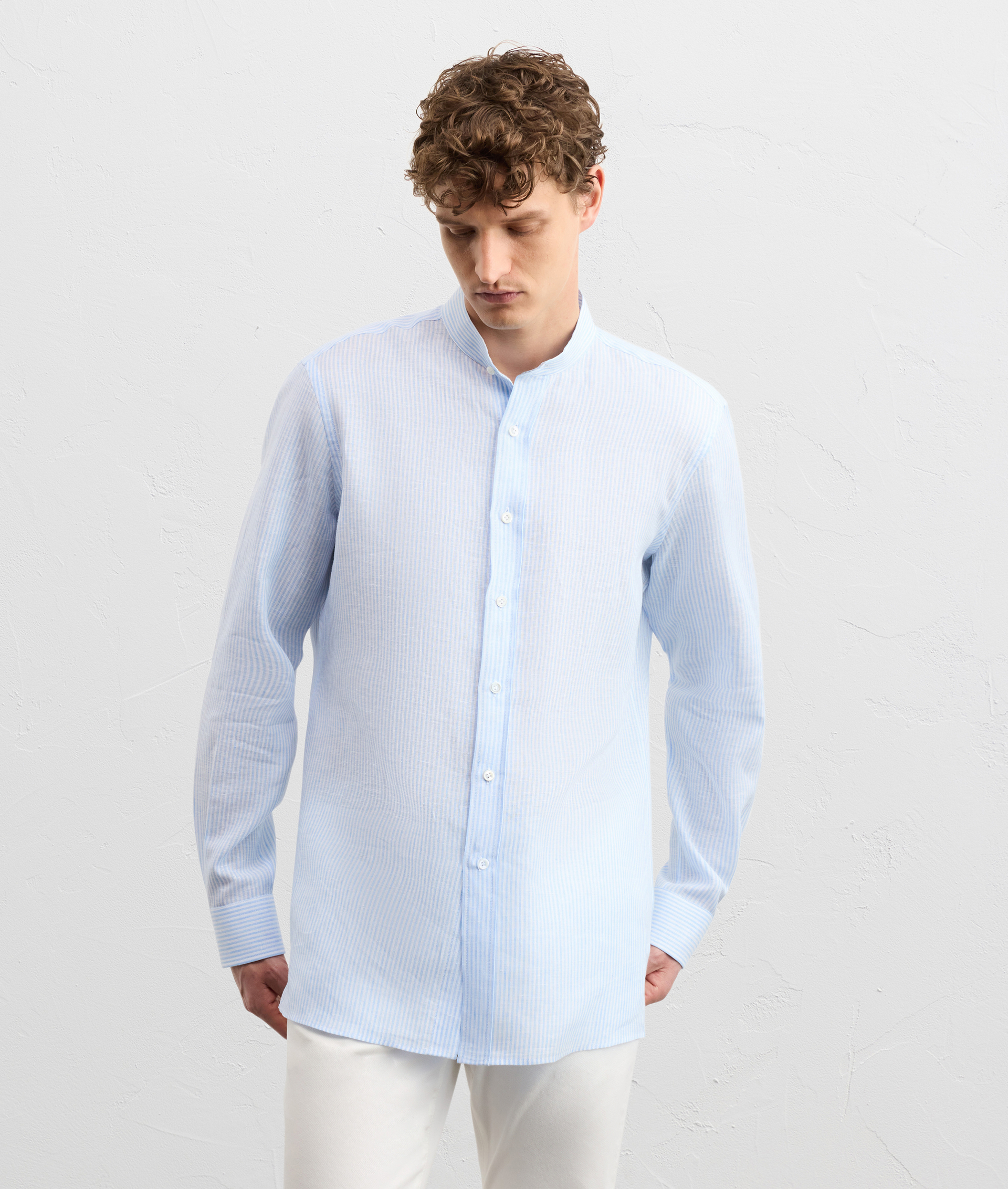LIGHT BLUE STRIPED LINEN SHIRT WITH ALESSANDRIA COLLAR