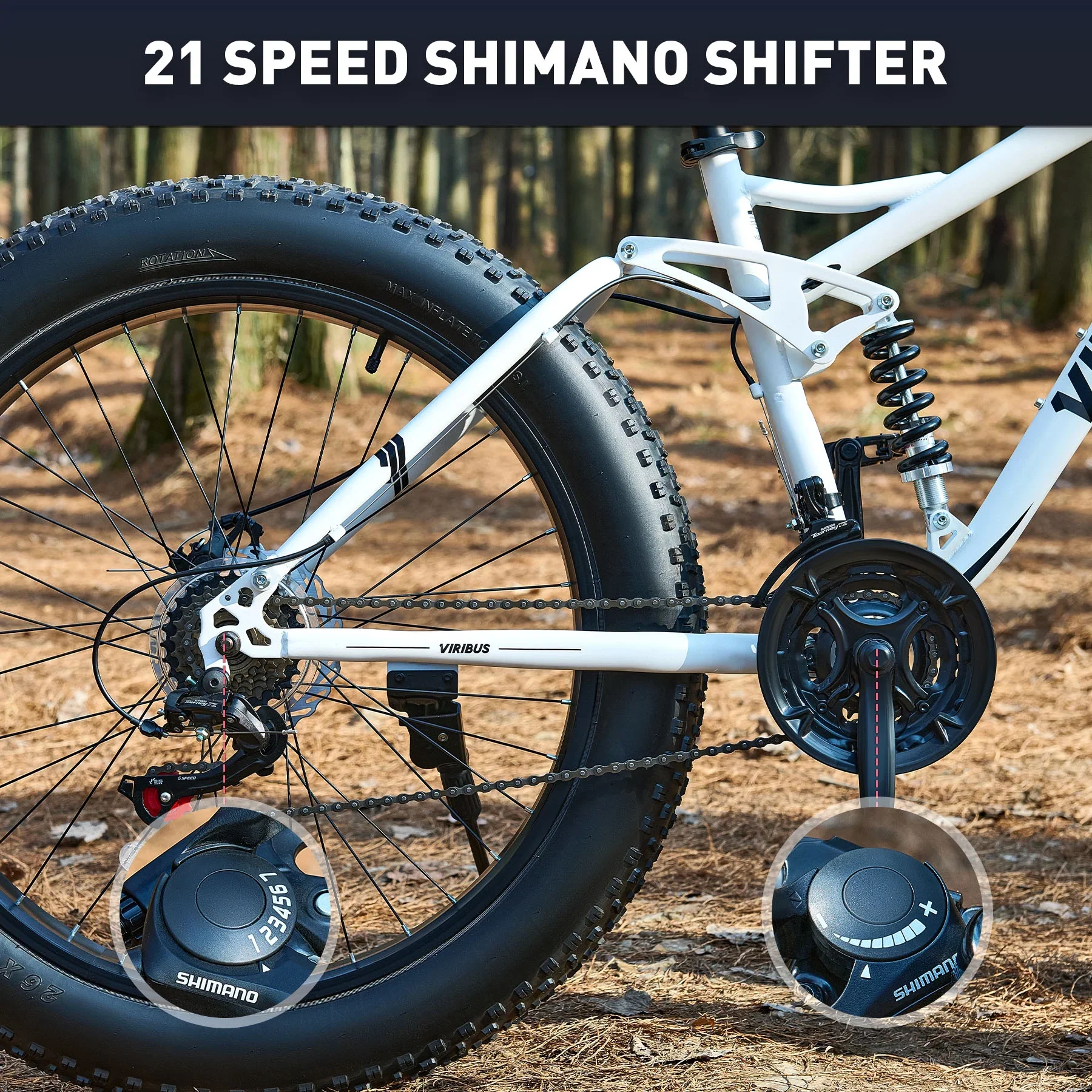 VIRIBUS 26 Fat Tire Mountain Bike Full Suspension Bike with 21 Speeds Disc Brakes White