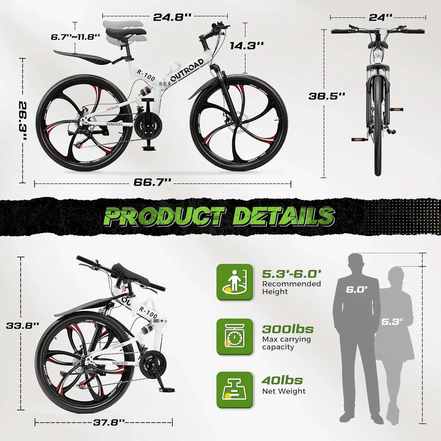 SUNCROWN 26 Inch Folding Mountain Bike, 21 Speed Full Suspension High-Carbon Steel MTB Foldable Bicycle, Dual Disc Brake Non-Slip Folding Bikes for Adults/Men/Women, Black