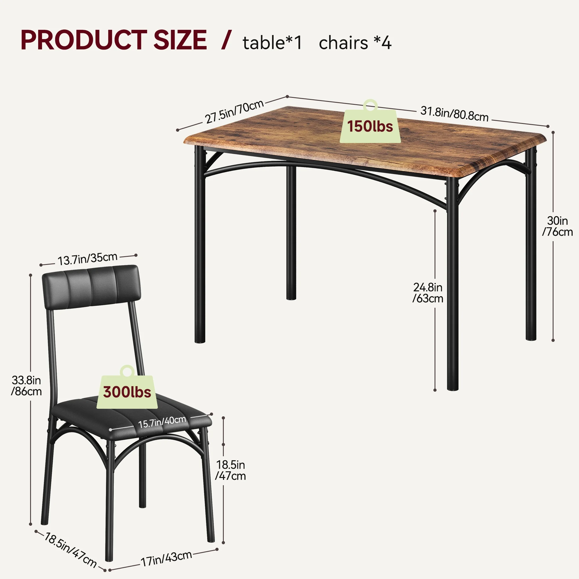 5 Piece Dining Table and Chairs Set, Wood Rectangular Dining Table with 4 Upholstered Chairs(Brown) Image 8