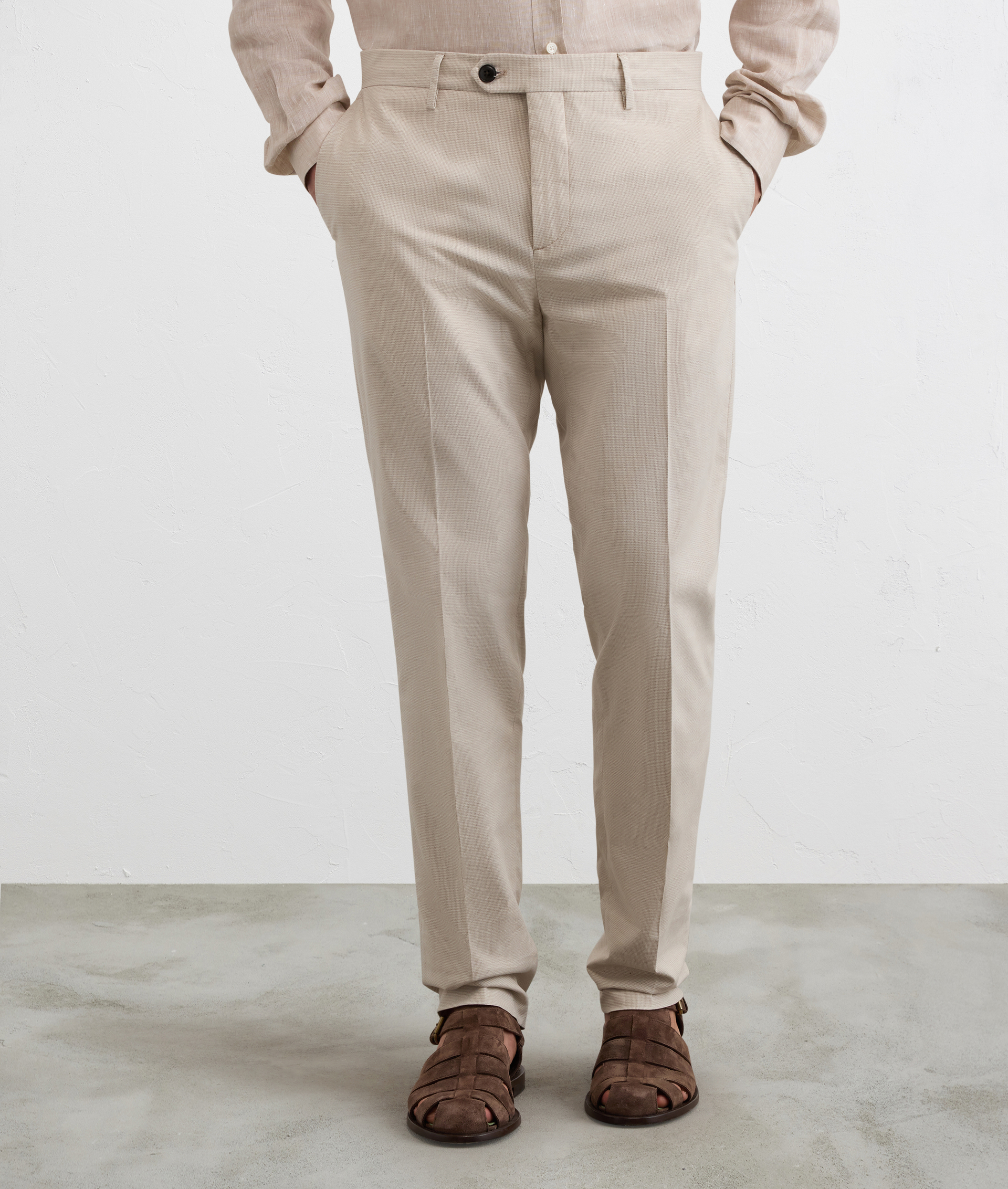 LIGHT BROWN MOULINE MICROSTRUCTURE COTTON LYOCELL AND ELASTANE FLAT FRONT CHINO