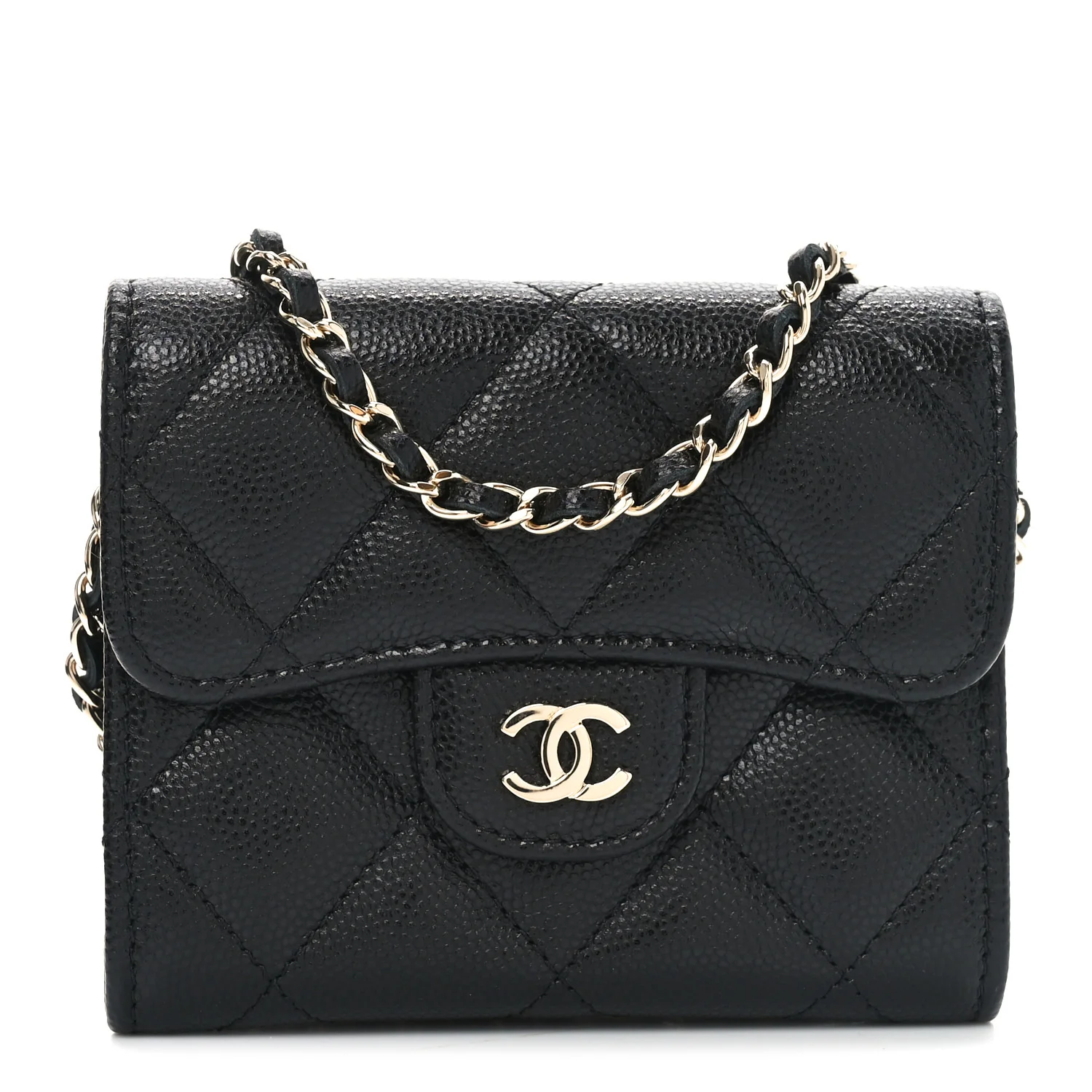 Caviar Quilted Flap Card Holder On Chain Black