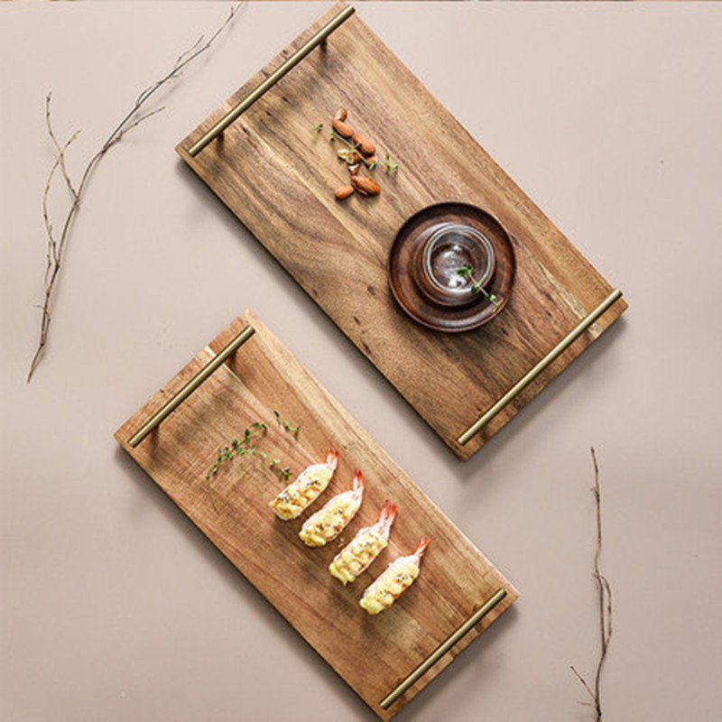 Acacia Wood Tray Plate Fruit Dessert Snack Food Serving Tray with Metal Handle