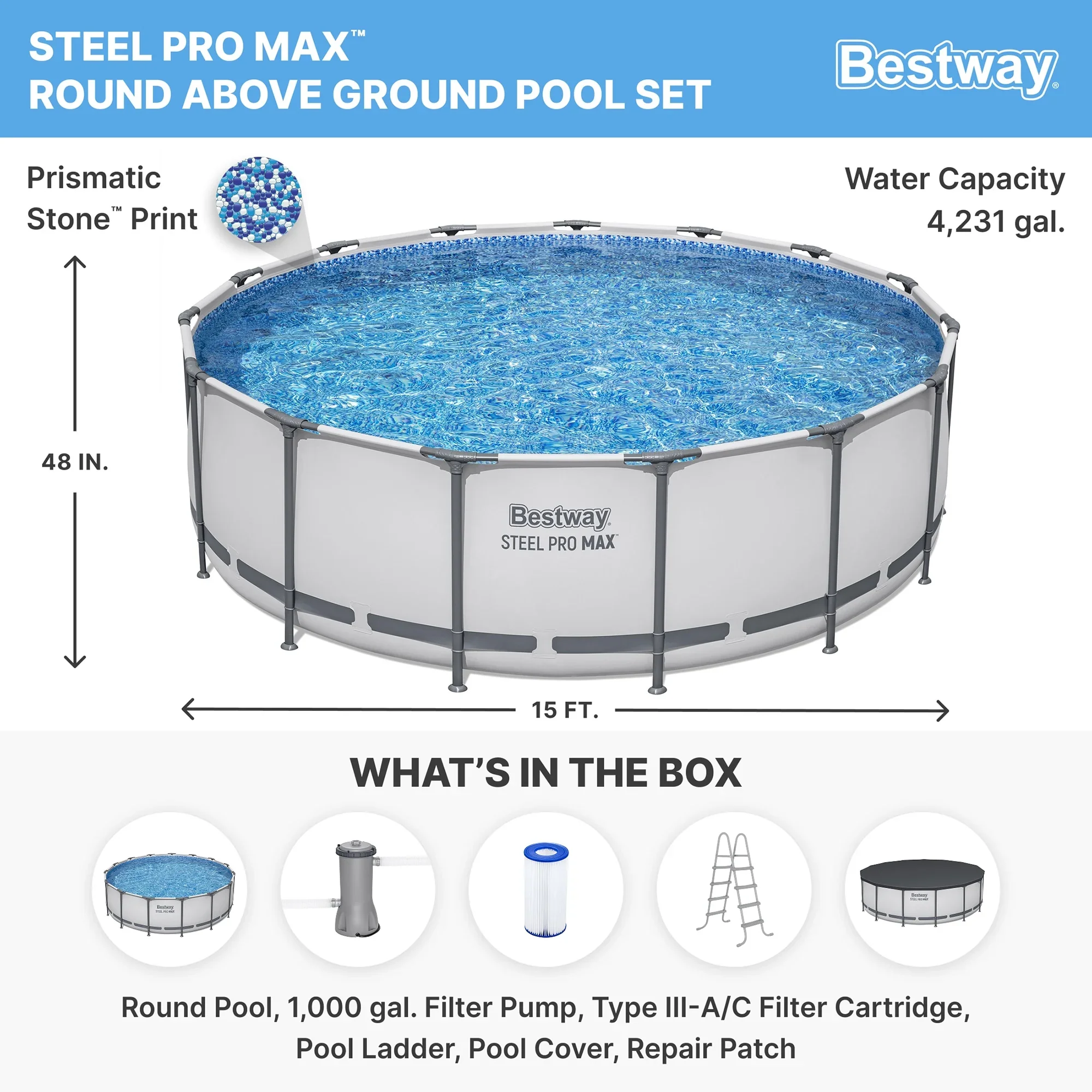 Bestway: Steel Pro MAX 15' X 48 Above Ground Pool Set - 4231 Gallon, Outdoor Family Pool, Corrosion & Puncture Resistant, Includes Filter, Pump, Ladder & Cover
