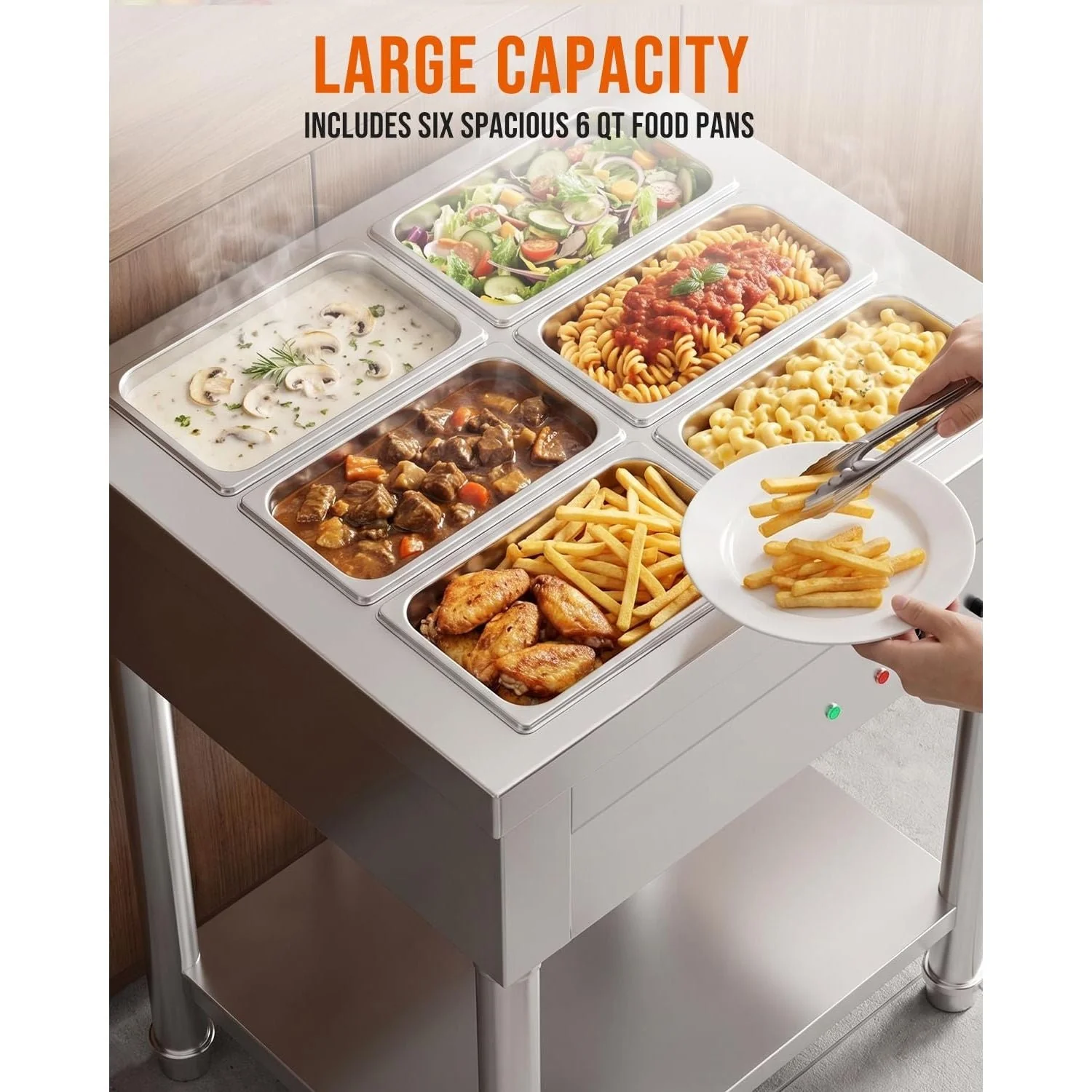 AECOJOY Commercial Food Warmer 1500W Electric Steam Table with 6x6QT Pans & Shelf