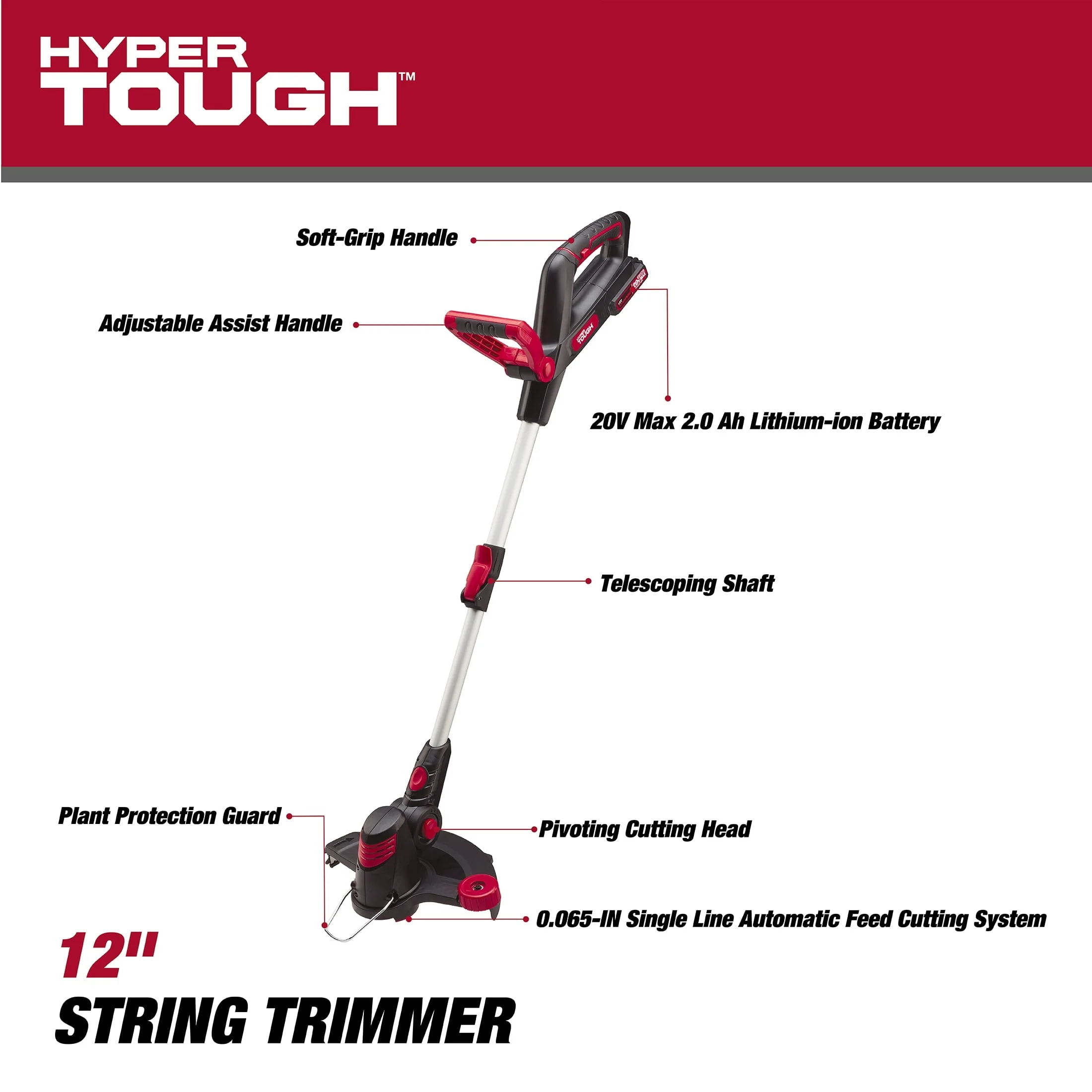 Hyper Tough 20V Max Cordless 12-inch String Trimmer, HT21-401-003-02(Black)