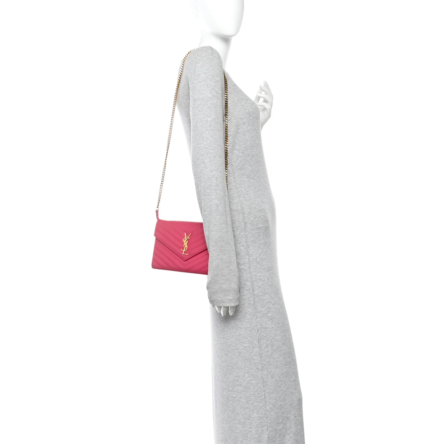 Grain De Poudre Matelasse Chevron Monogram Chain Wallet Lipstick Fuchsia