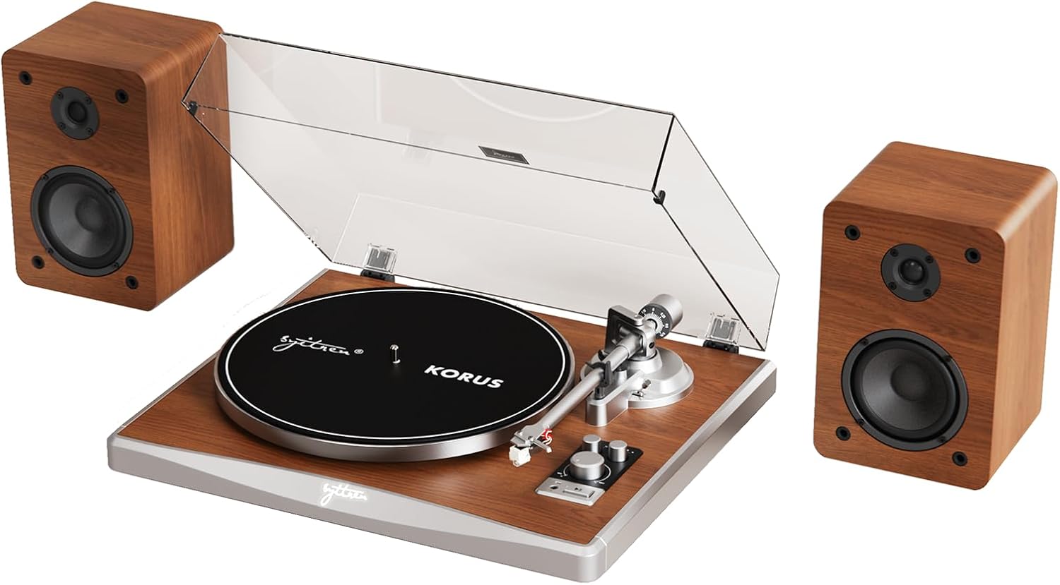 KORUS Record Player with External Speakers Bluetooth Turntable Belt-Drive Turntable 2-Speed  Adjustable Counterweight Vintage LP Players