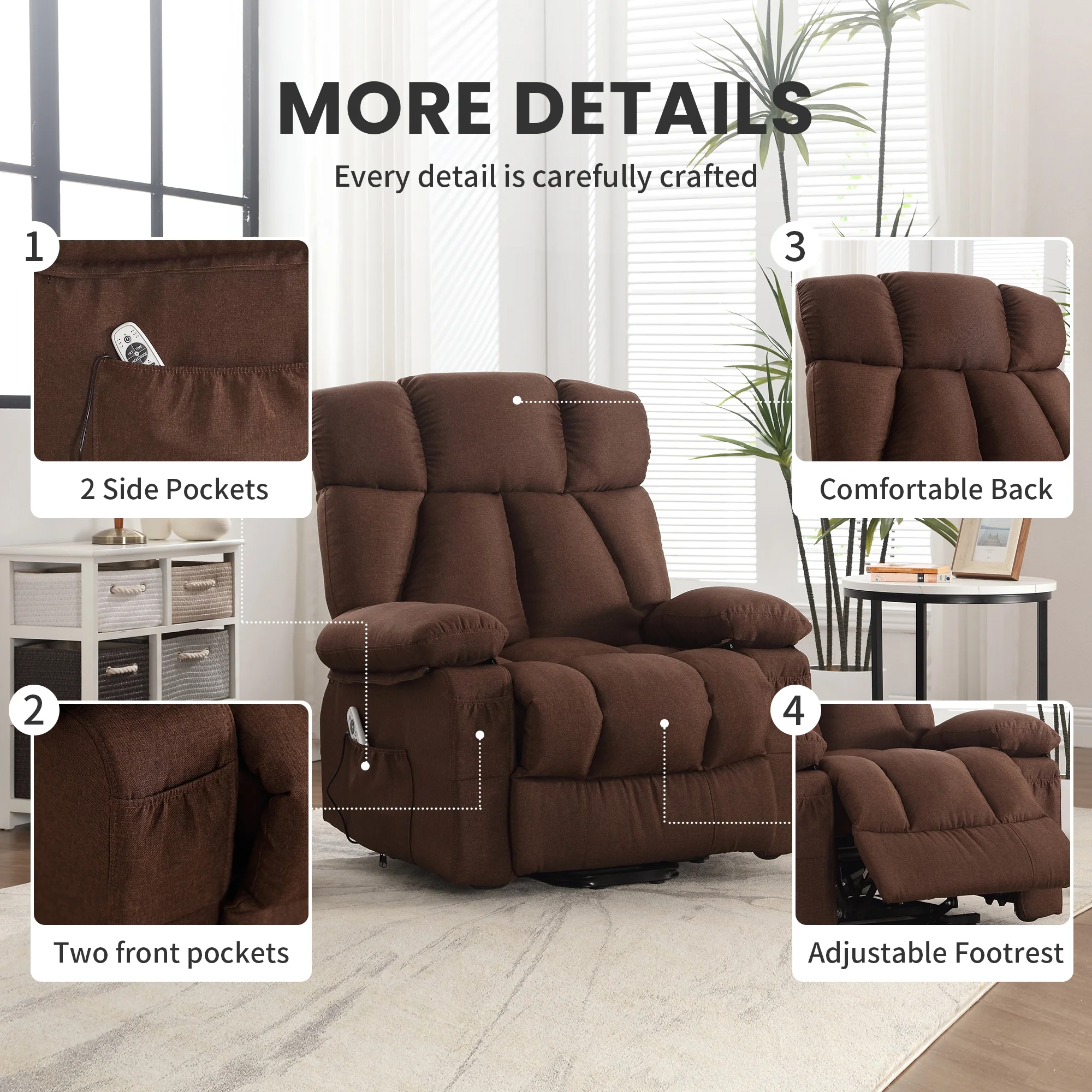 Power Lift Recliner Chair Recliners for Elderly with Heat and Massage Recliner Chair for Living Room with Infinite Position and Side Pocket,USB Charge Port,Brown(Regular-Brown) - Image 8