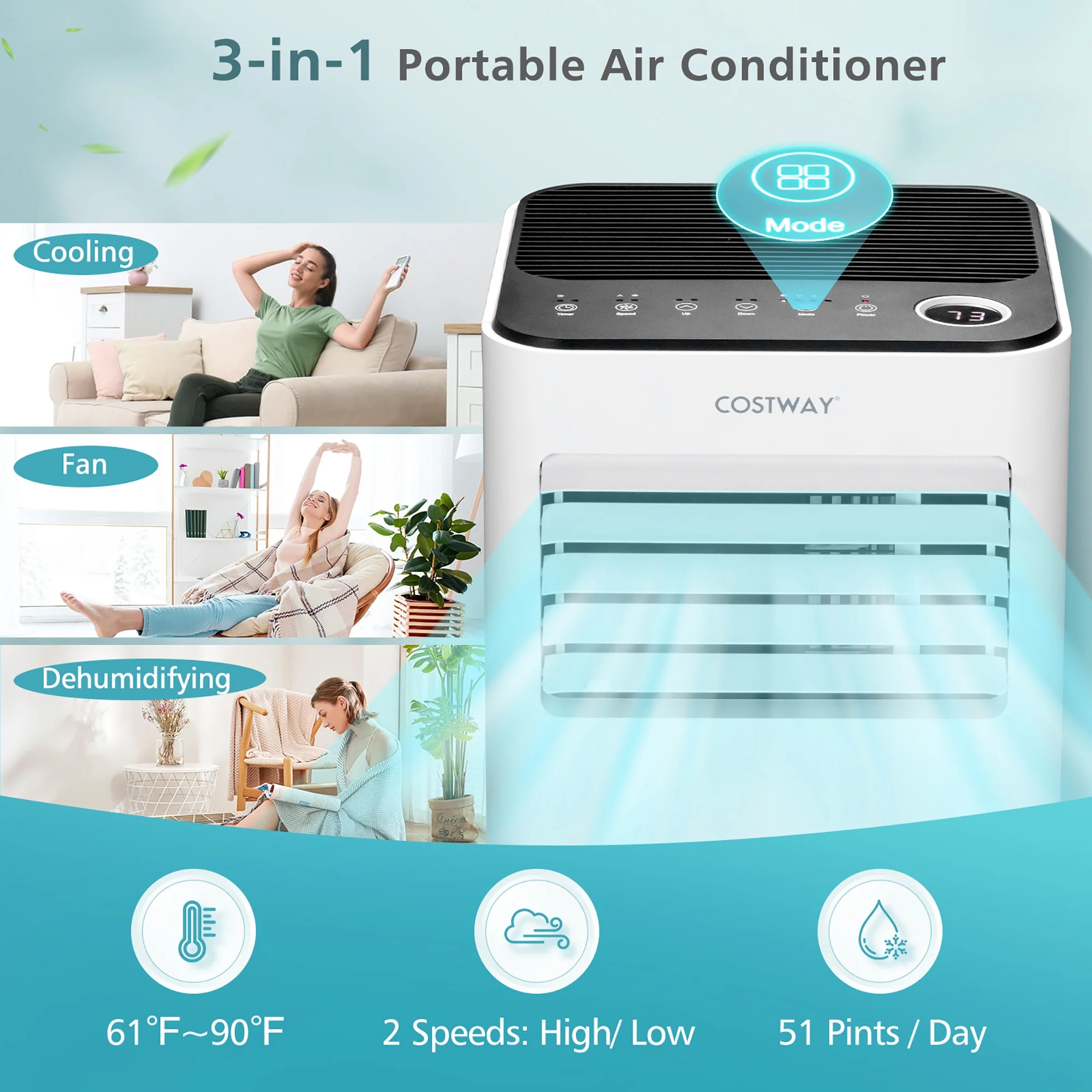 10000 BTU Portable Air Conditioner 3-in-1 Air Cooler with Fan Dehum Sleep Mode - Image 3