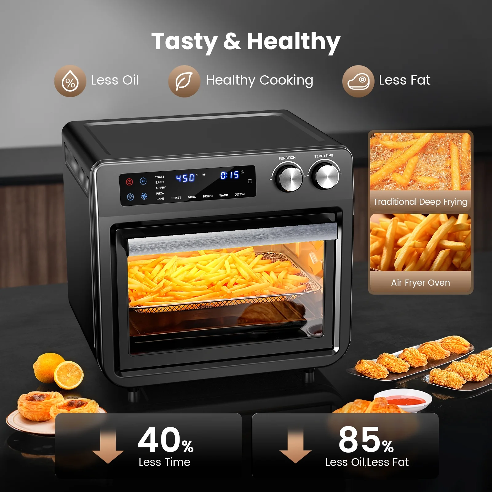 26QT Air Fryer Oven,Oil-Less Digital Touchscreen Toaster Oven with 10-in-1 Multi FunctionCustom Mode, Visible Window , 1800W,Black - Image 6