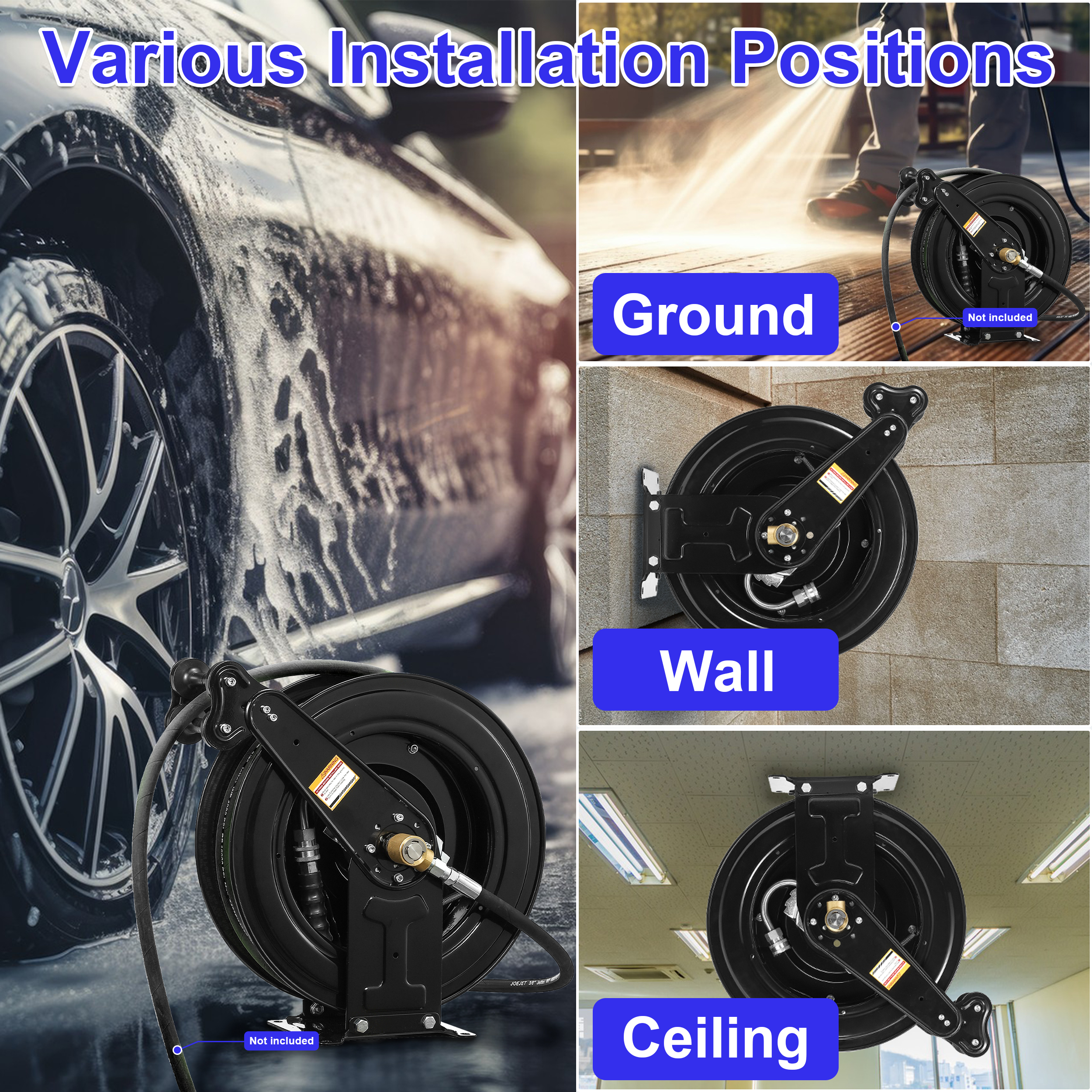 Auto - Retractable Pressure Washer Hose Reel, 50FT x 3/8