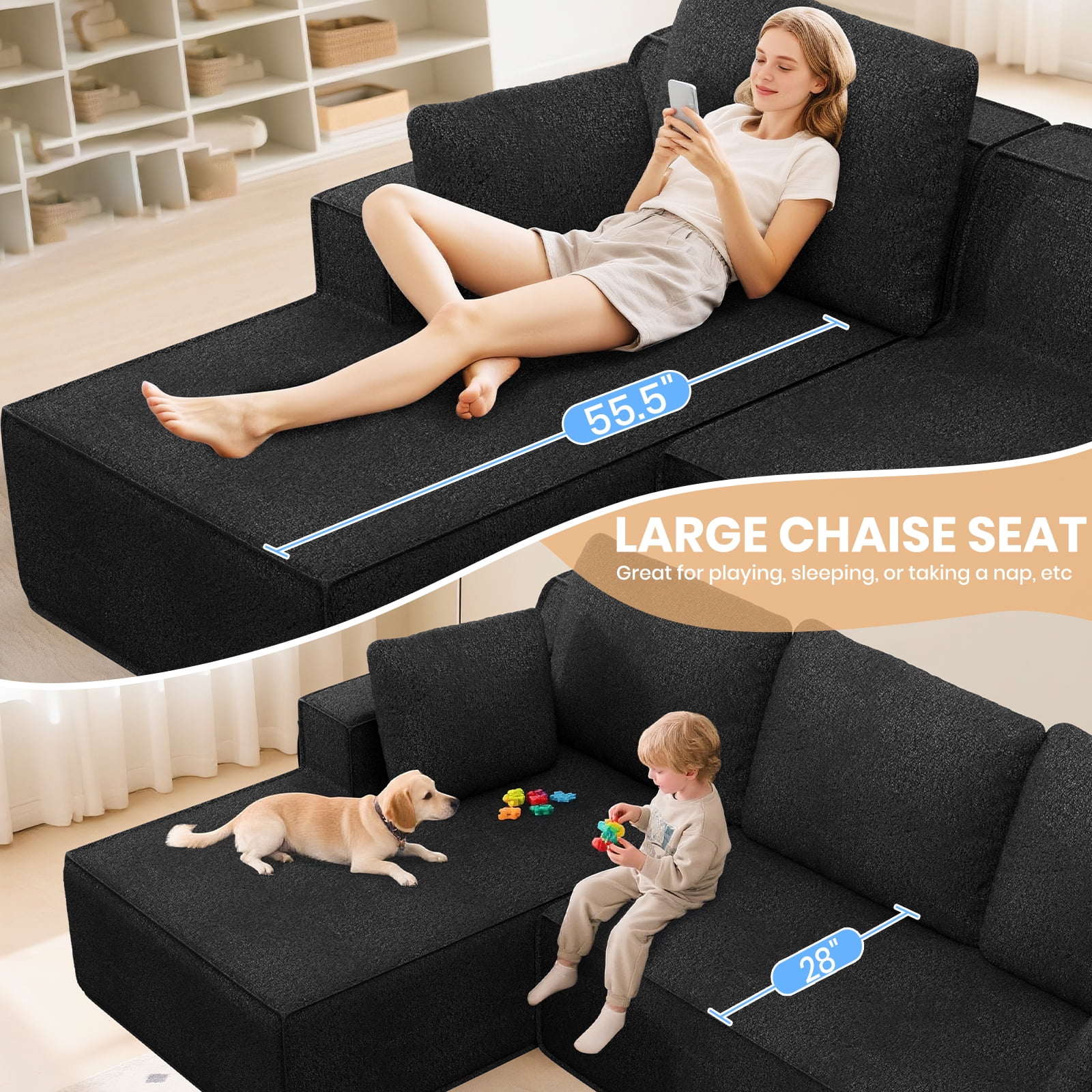Modular Sectional Sofa for Living Room, 104" L-Shape Boneless Cloud Couch with Oversized Chaise, Right Chaise, Black, 3 Seat, Microfiber Fabric(Black-Microfiber) - Image 4